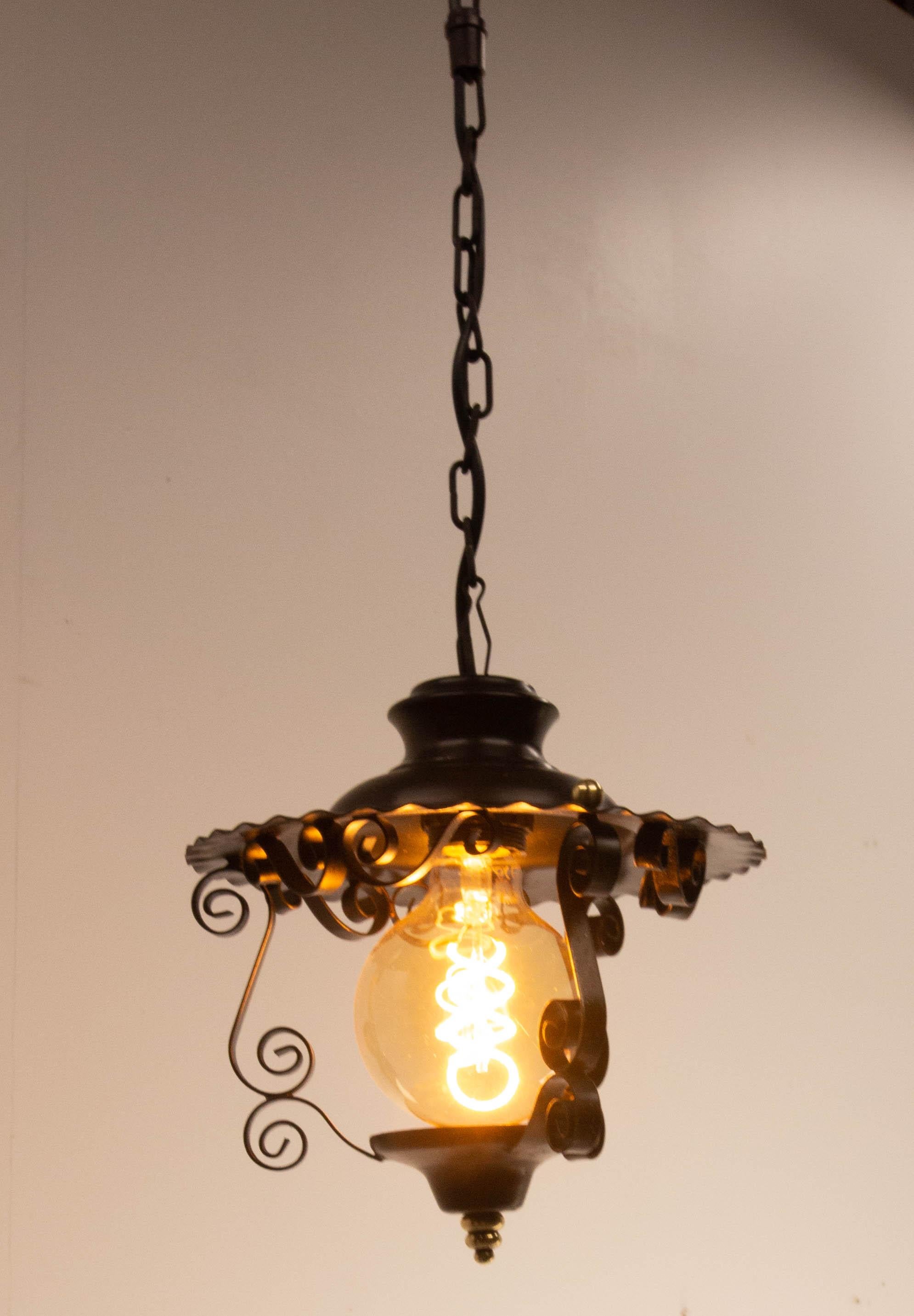 Iron and Brass Ceiling Lamp Lustre French Lantern, circa 1960 For Sale 2