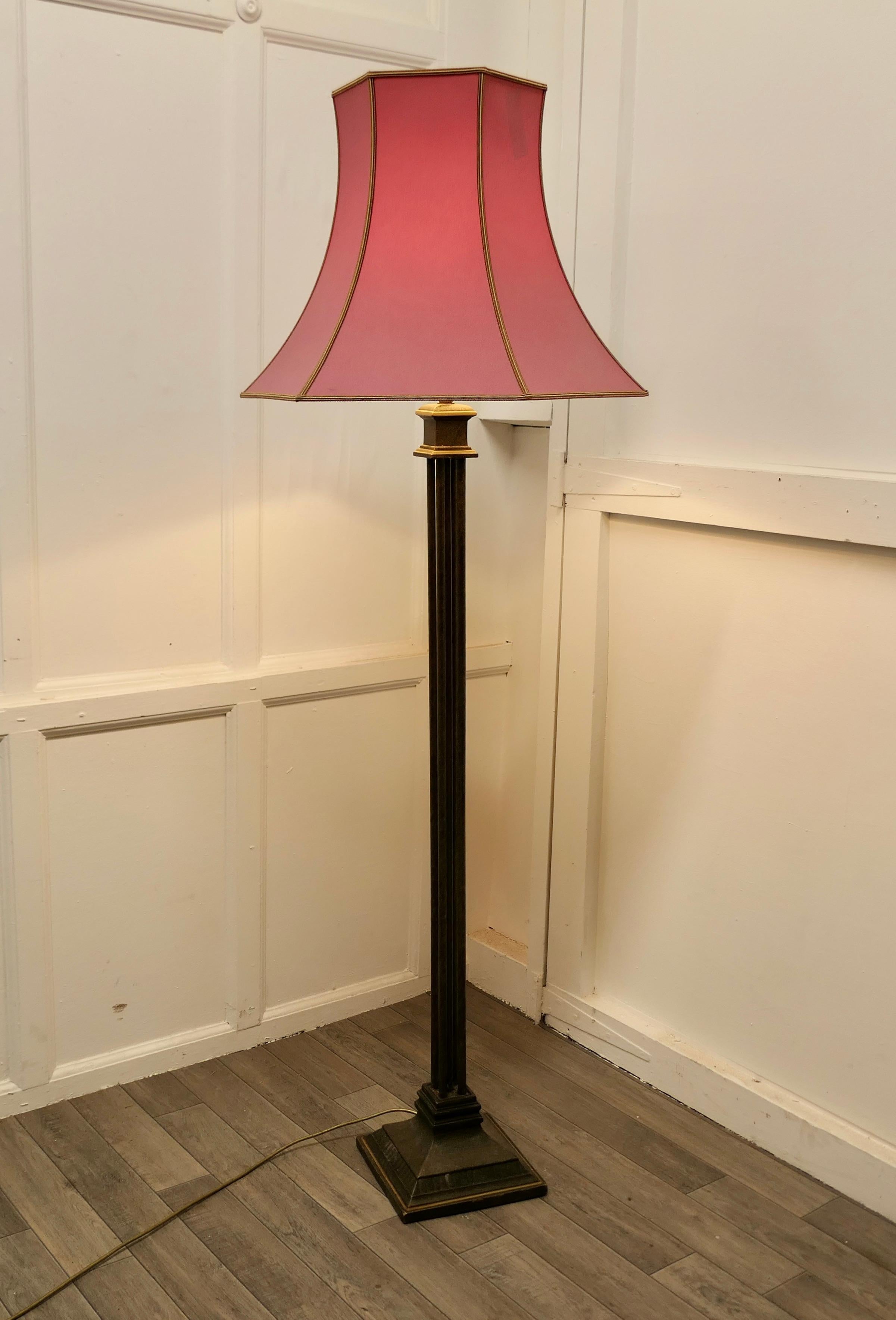 Art Deco Iron and Brass Column Floor Lamp, Standard Lamp For Sale