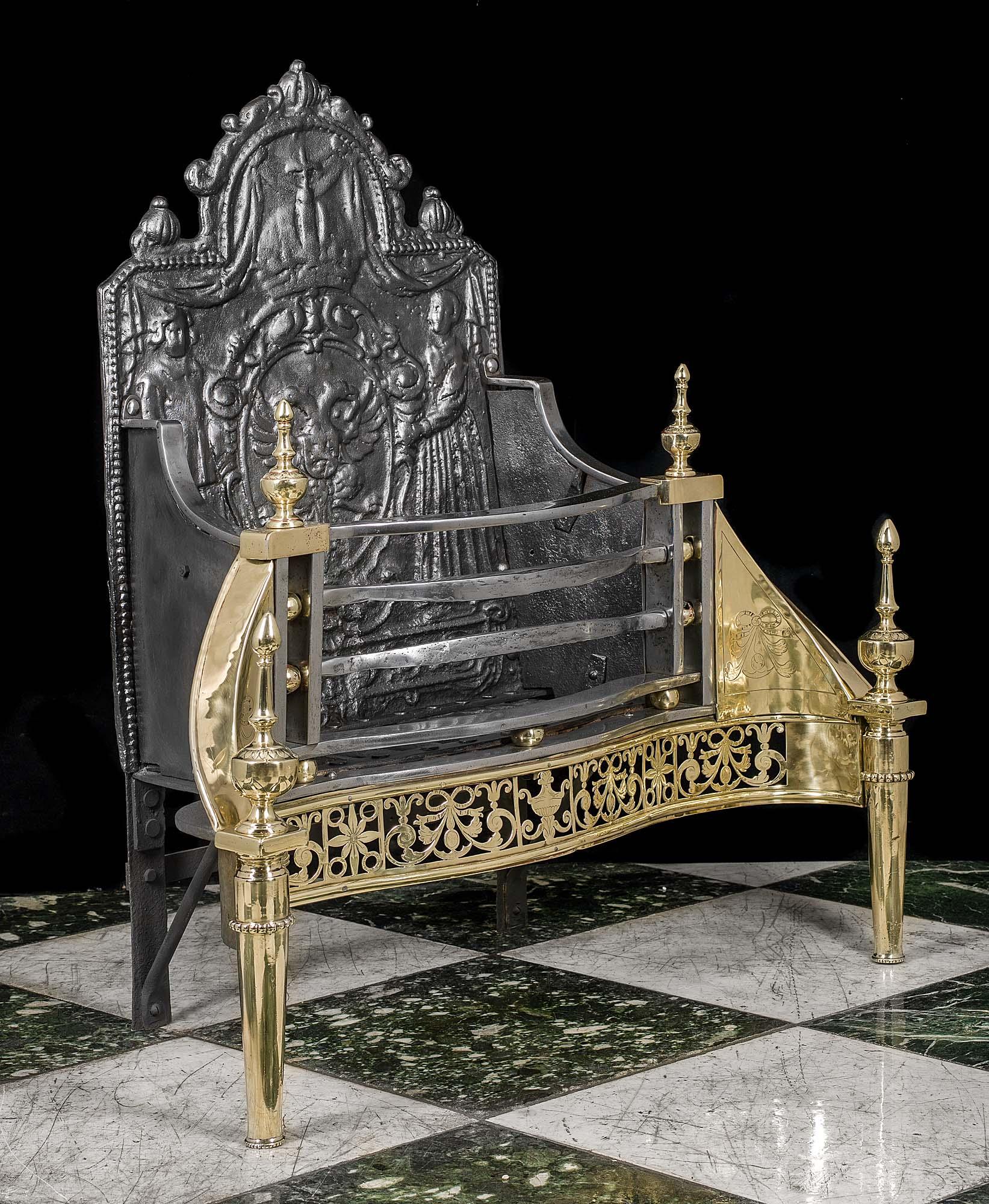 A fine iron and brass fire grate in the late Georgian style. The high shaped back with a central cartouche of Russian influence, with a double headed eagle beneath a crown, is held by 17th century figures. The shaped front bars of the grate, above a