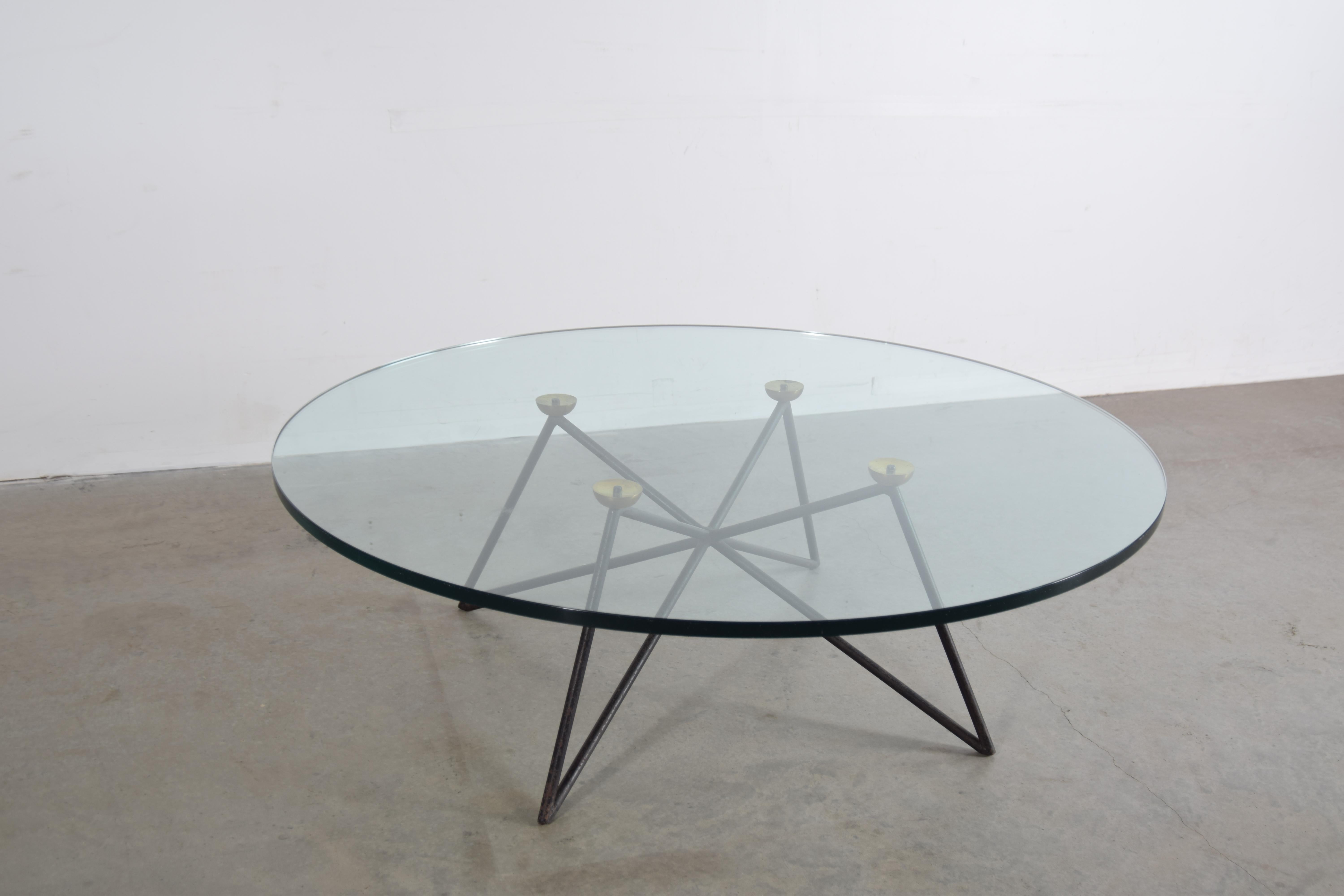 Mid-Century Modern Iron and Brass Glass Top Coffee Table from Paris For Sale