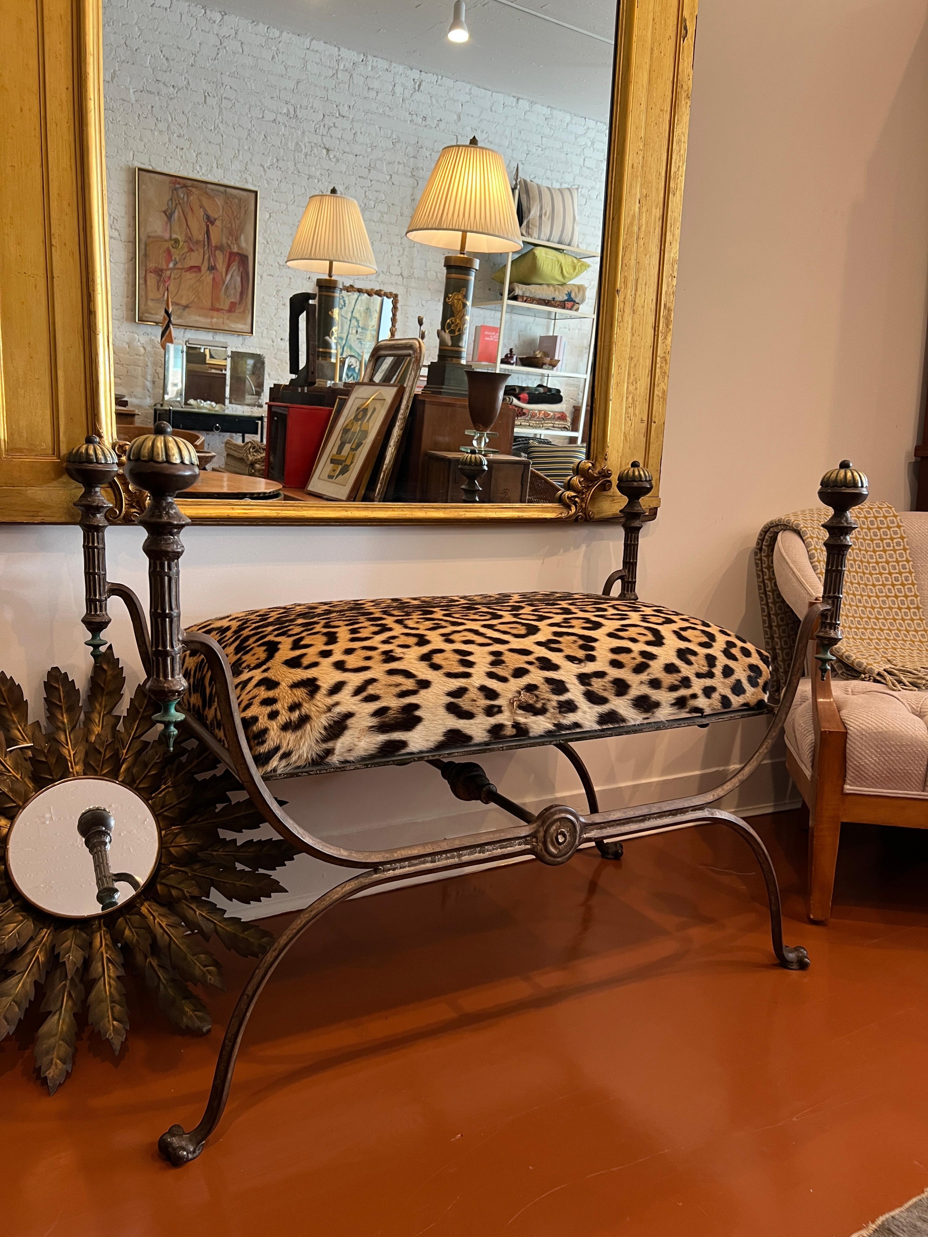 Mid-Century Modern Iron and Brass Leopard Hide Bench For Sale