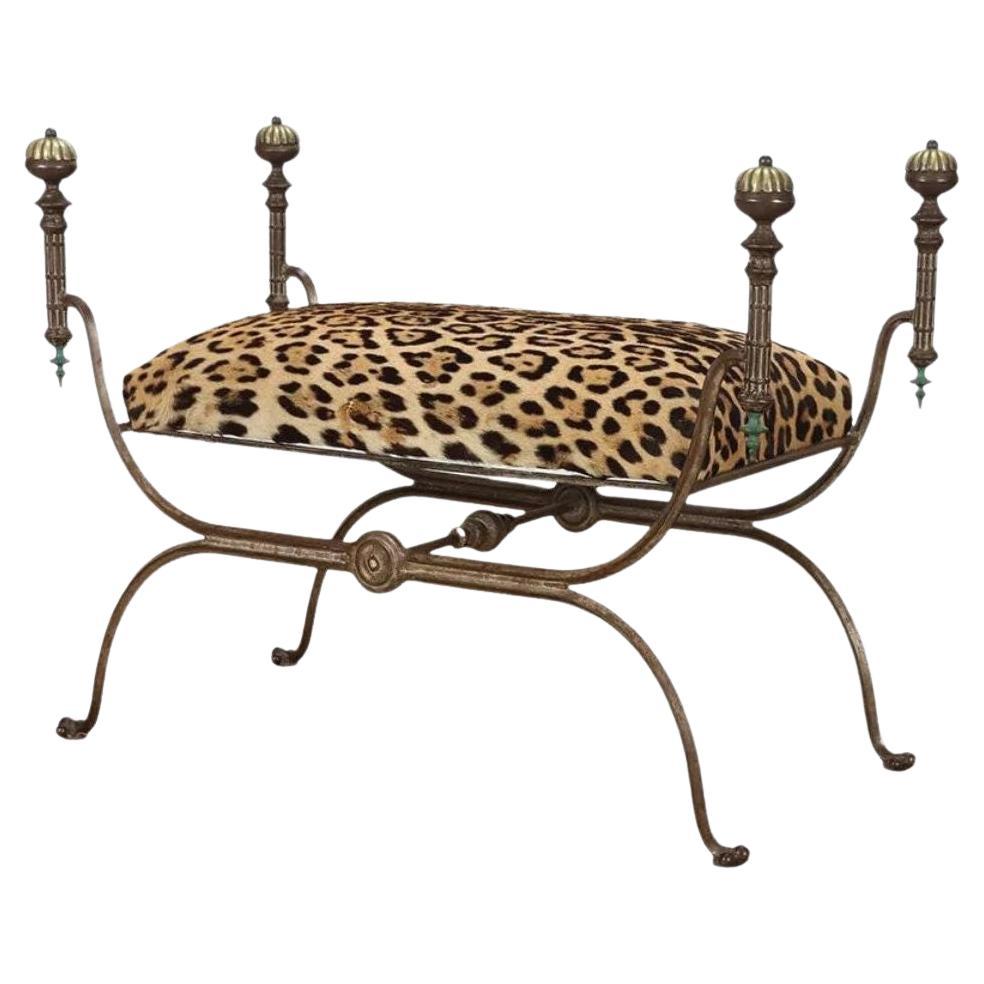 Iron and Brass Leopard Hide Bench For Sale