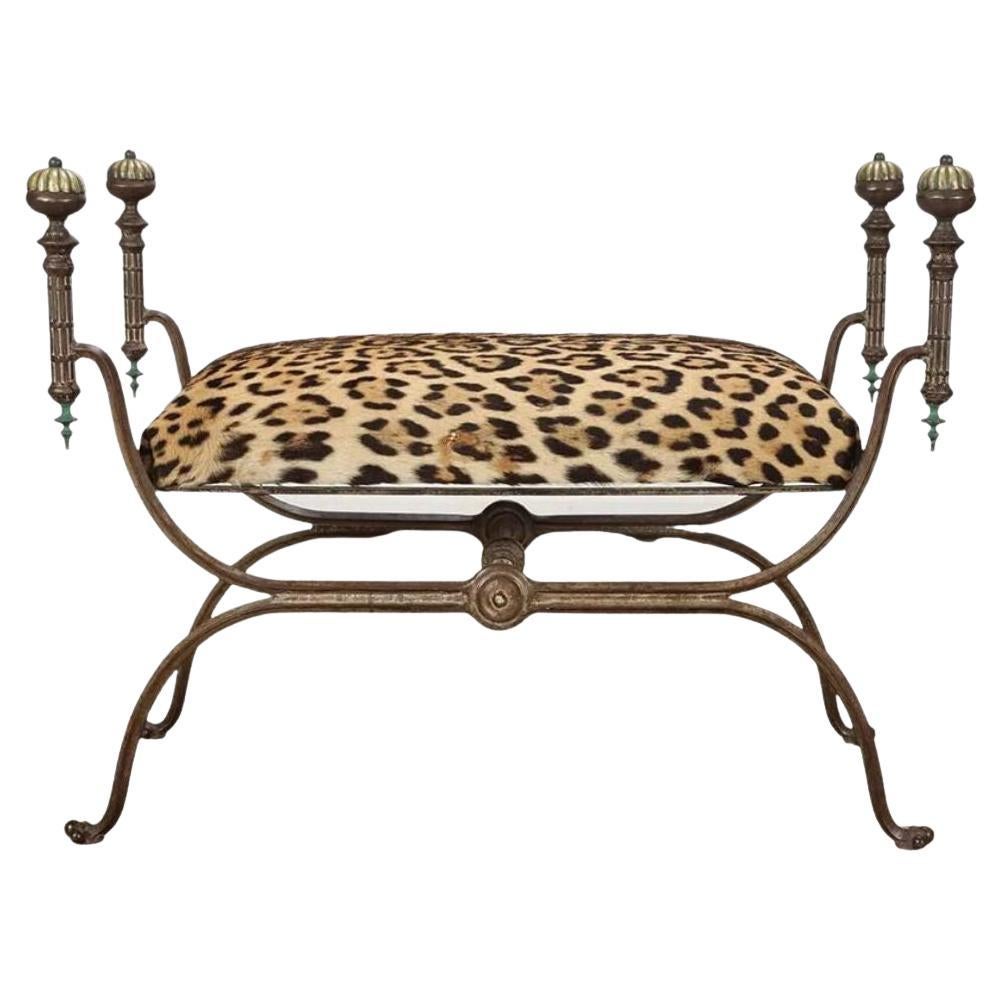 Iron and Brass Leopard Hide Bench