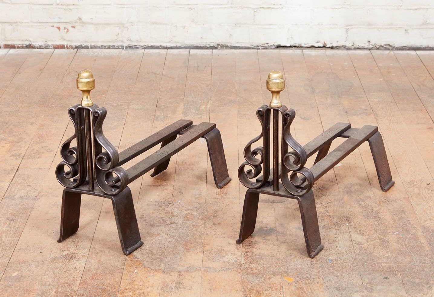 English Iron and Brass Lyre Andirons For Sale