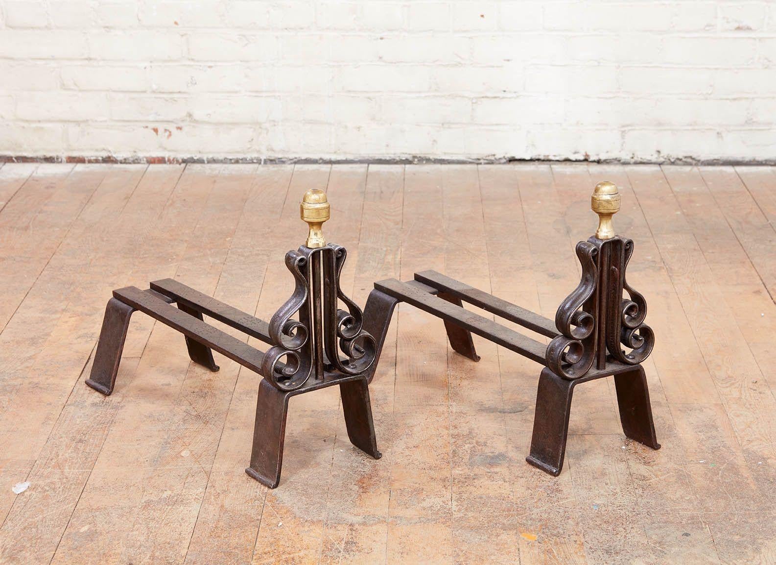 Mid-19th Century Iron and Brass Lyre Andirons For Sale