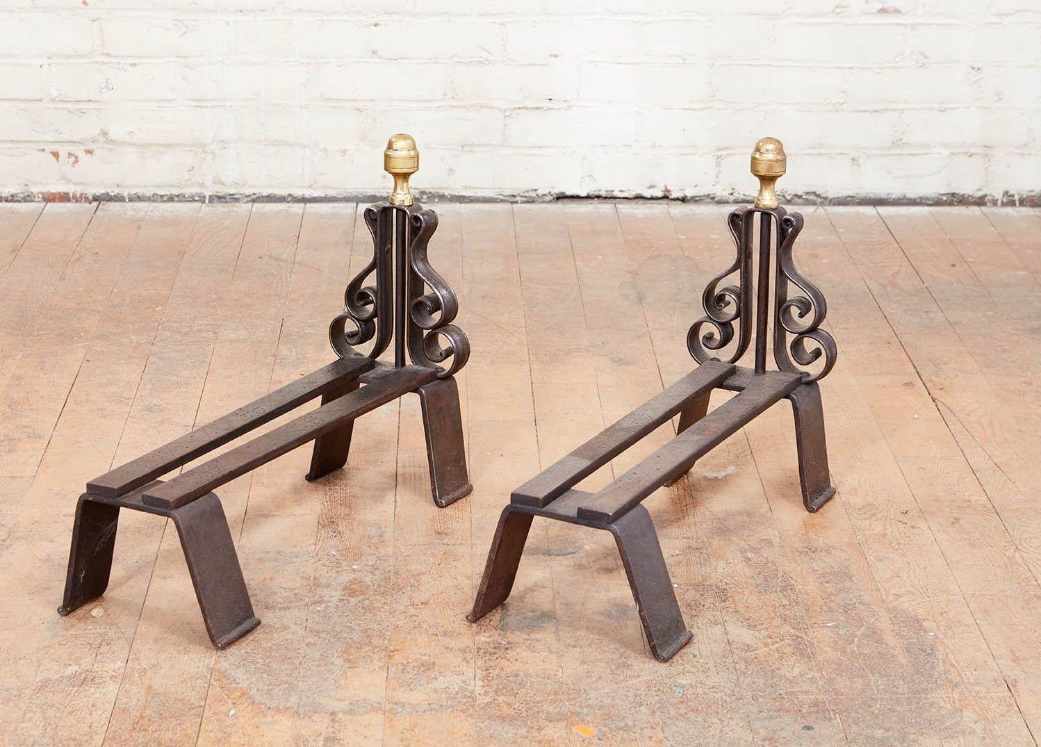 Iron and Brass Lyre Andirons For Sale 3
