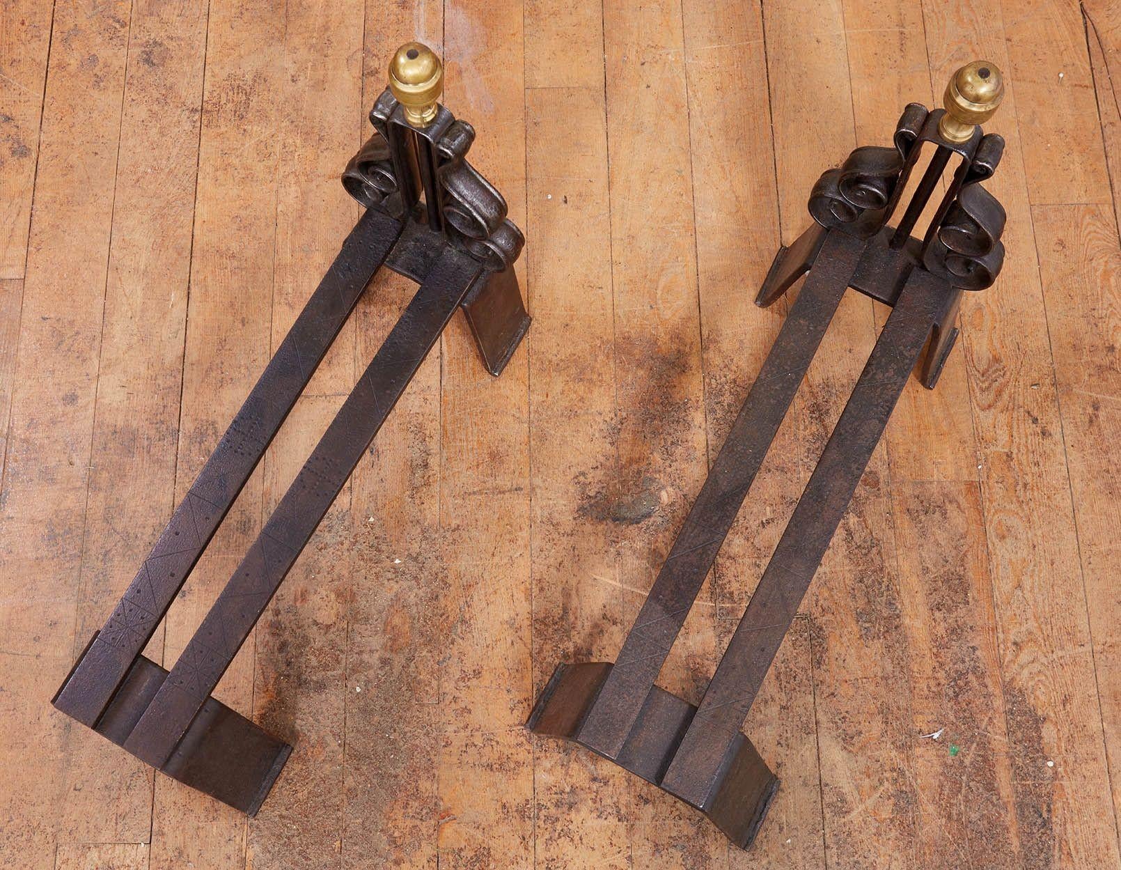Iron and Brass Lyre Andirons For Sale 4