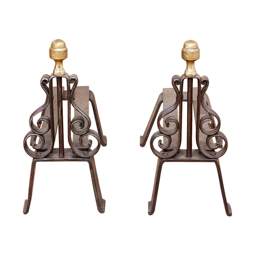 Andirons lyre en fer et laiton