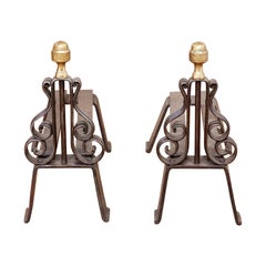 Used Iron and Brass Lyre Andirons