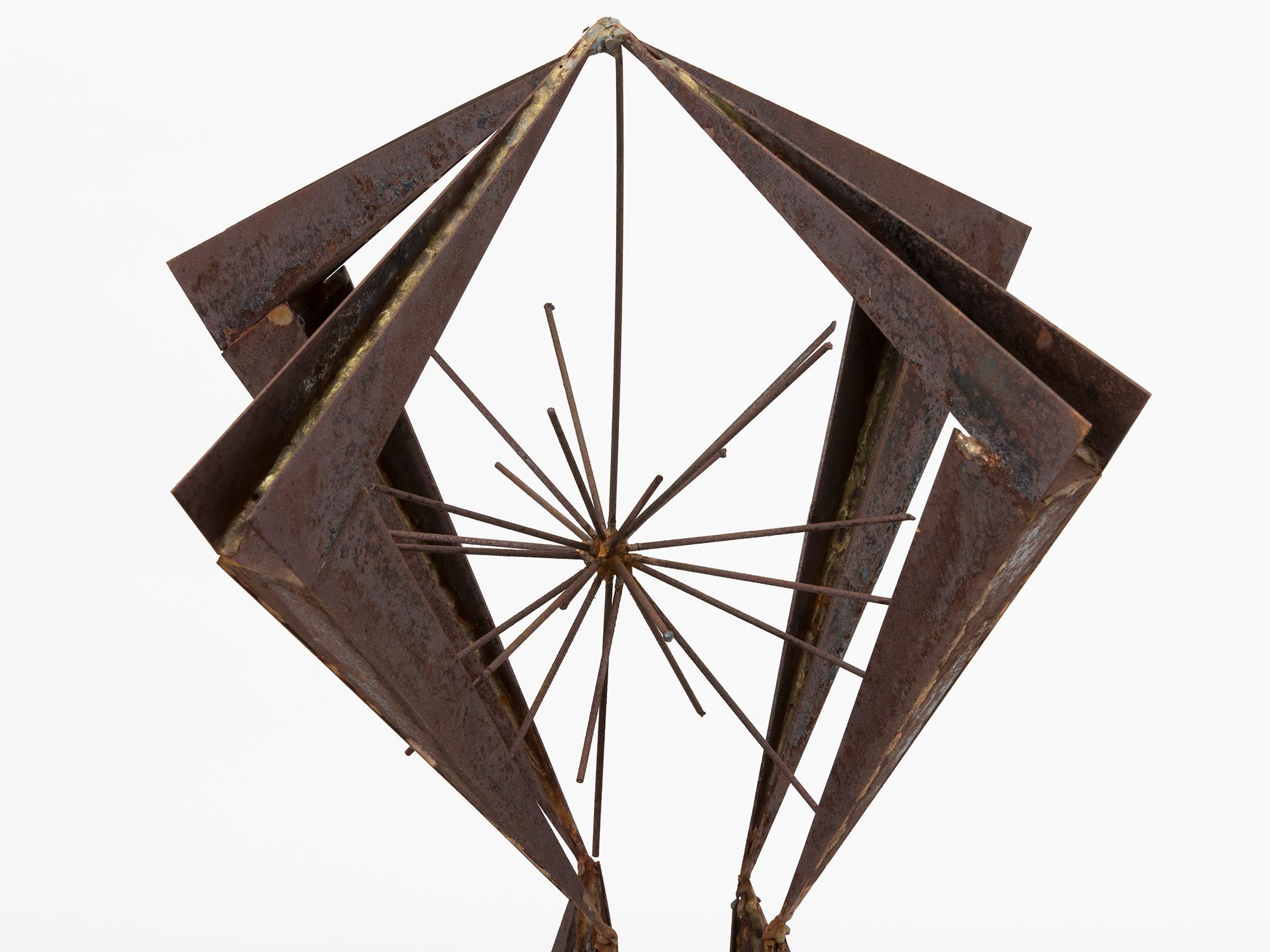Large and unusual folded modernist iron and brass welded sculpture by an unknown artist in the manner of Paul Evans. Can be displayed both inside or outside.