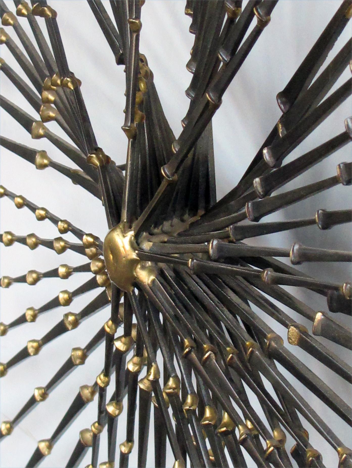 Iron and Brass Pinwheel Sunburst Nail Wall Sculpture by Ron Schmidt In Good Condition In San Francisco, CA