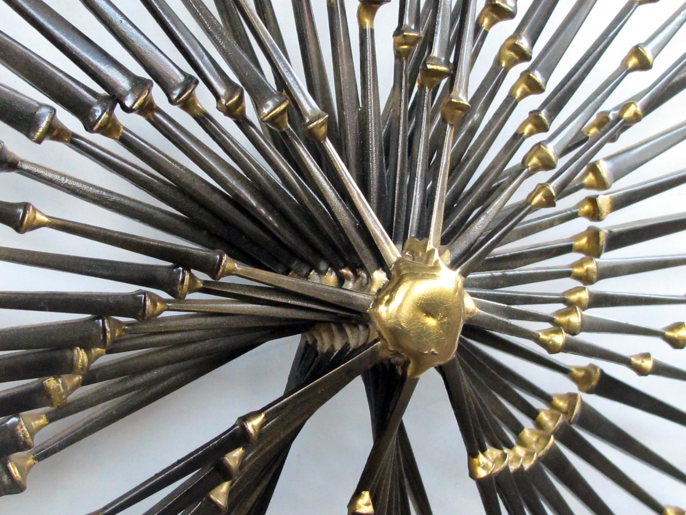 Mid-20th Century Iron and Brass Pinwheel Sunburst Nail Wall Sculpture by Ron Schmidt