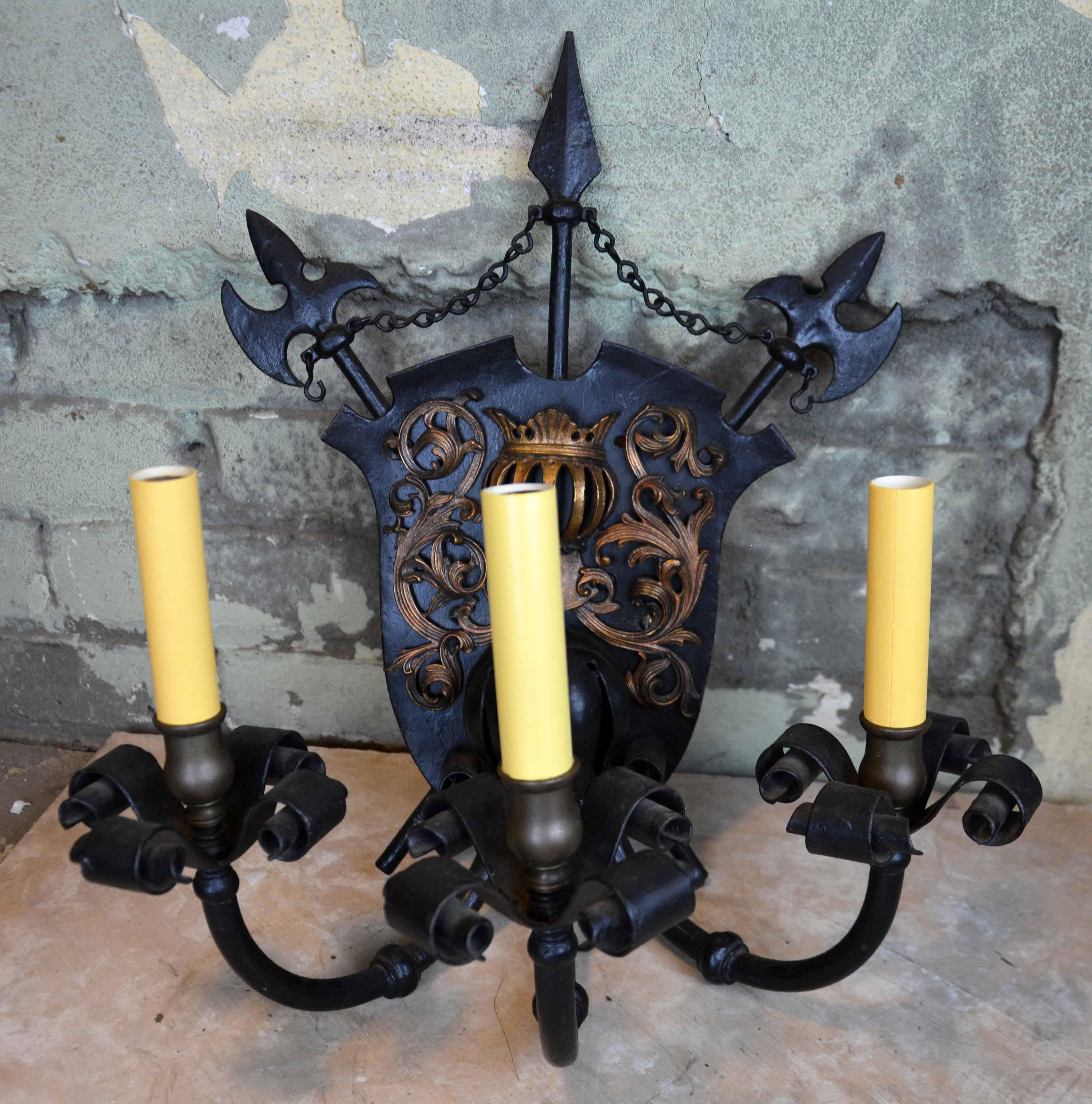 Iron and Brass Three-Candle Tudor Knight Sconce 5