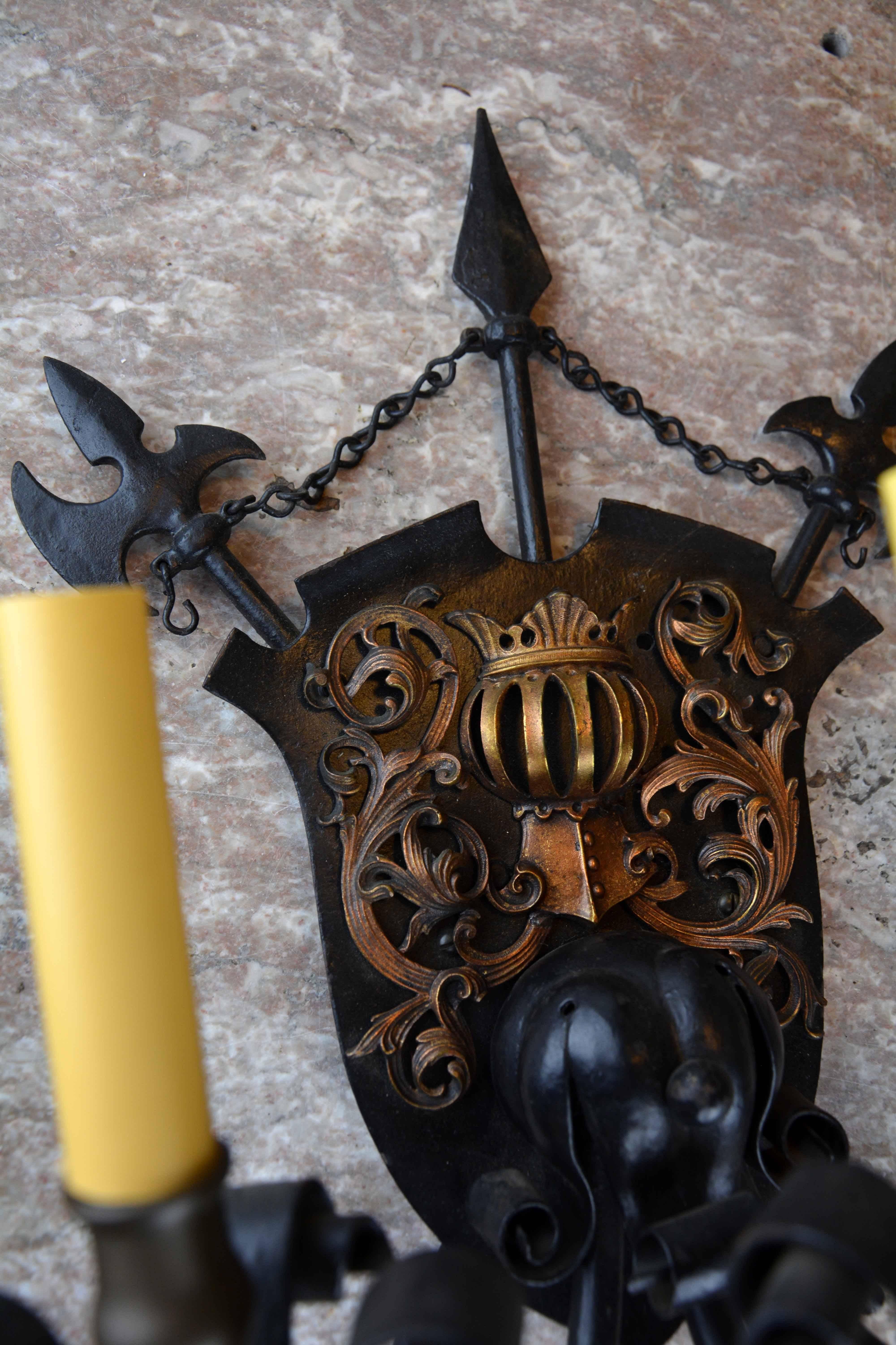 Iron and Brass Three-Candle Tudor Knight Sconce 1