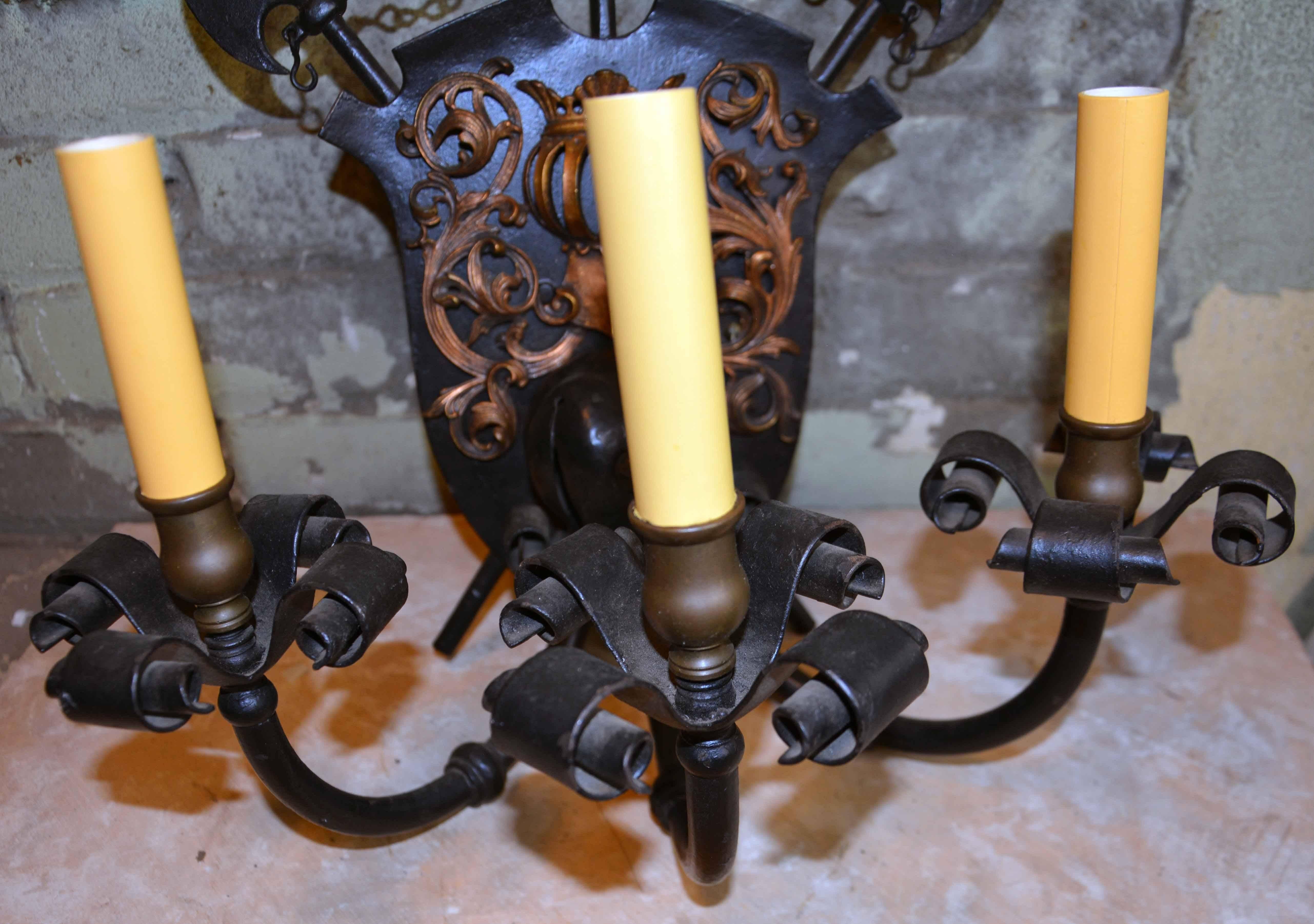 Iron and Brass Three-Candle Tudor Knight Sconce 3