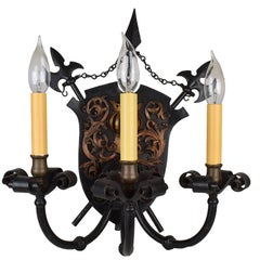 Iron and Brass Three-Candle Tudor Knight Sconce