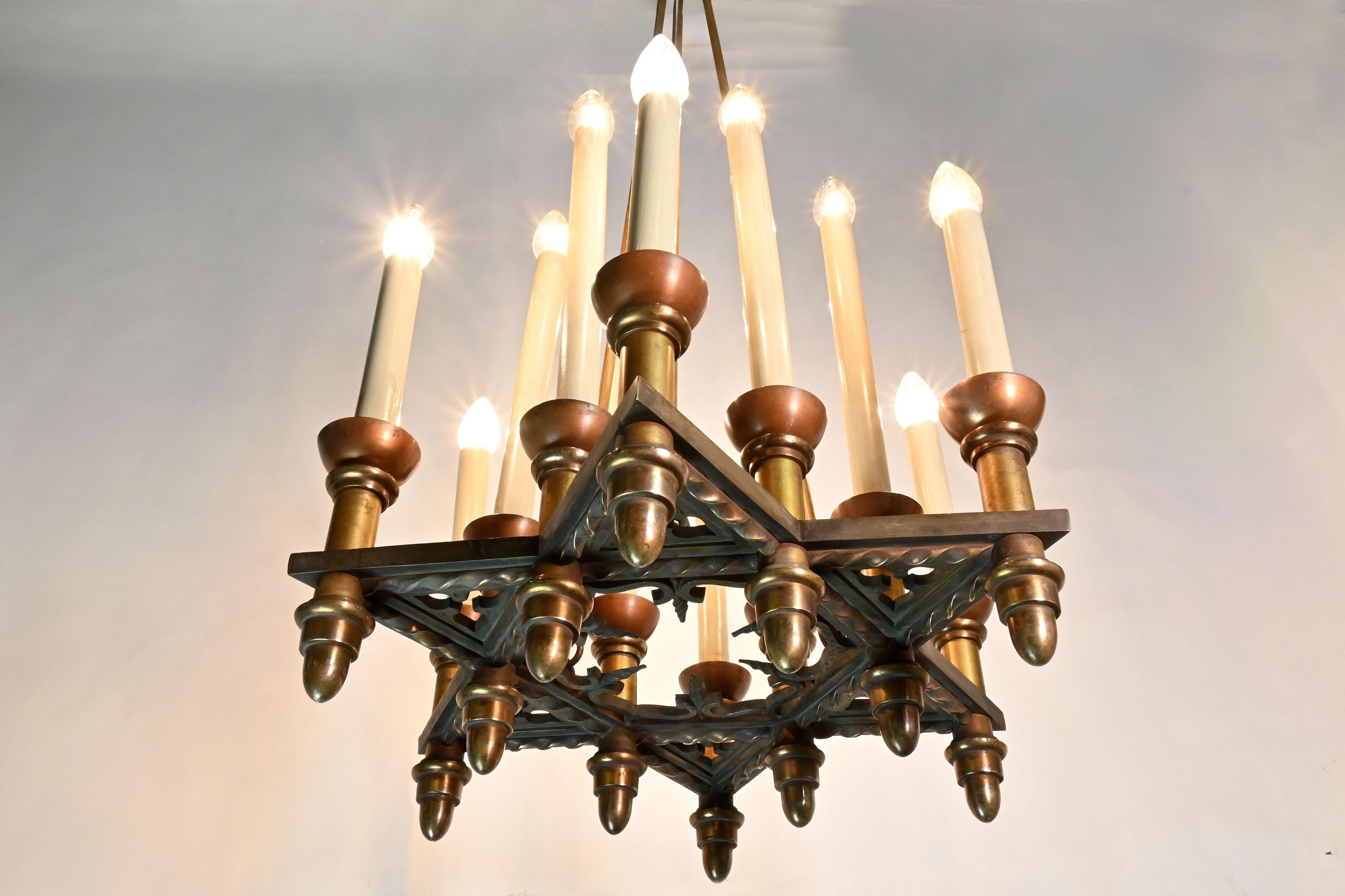 Gothic Revival Iron and Bronze 12 Candle Chandelier For Sale