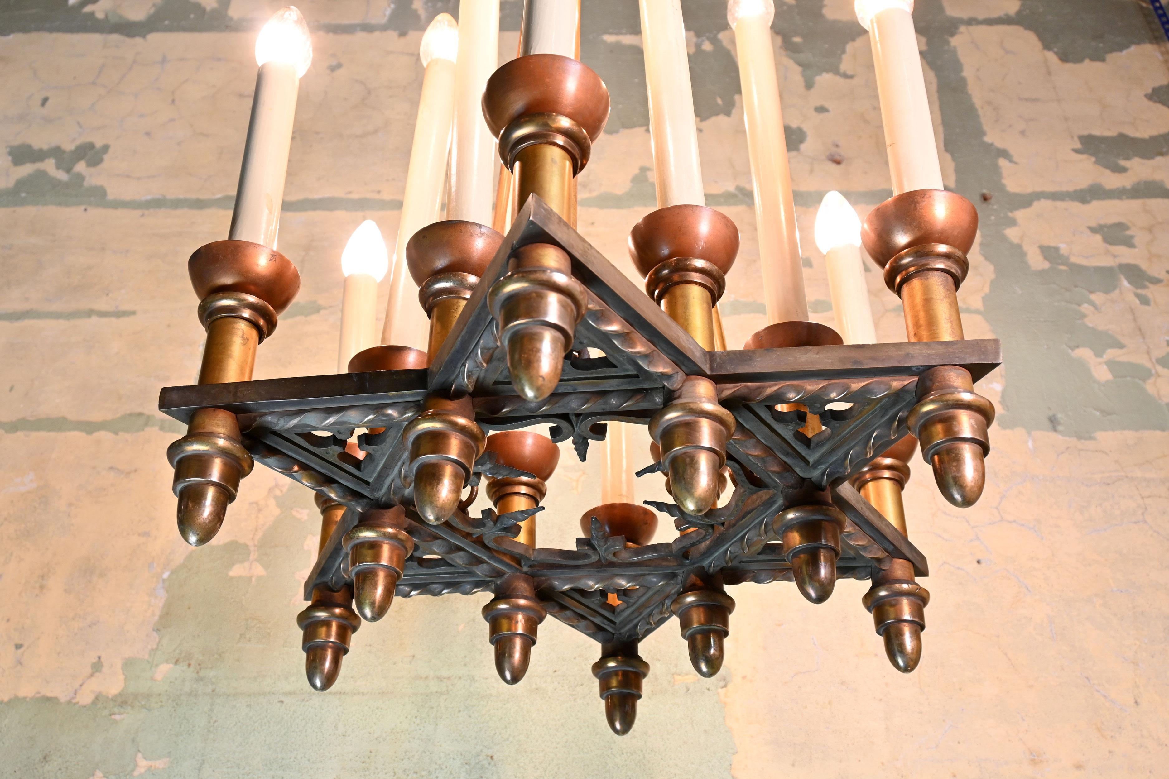 Cast Iron and Bronze 12 Candle Chandelier For Sale