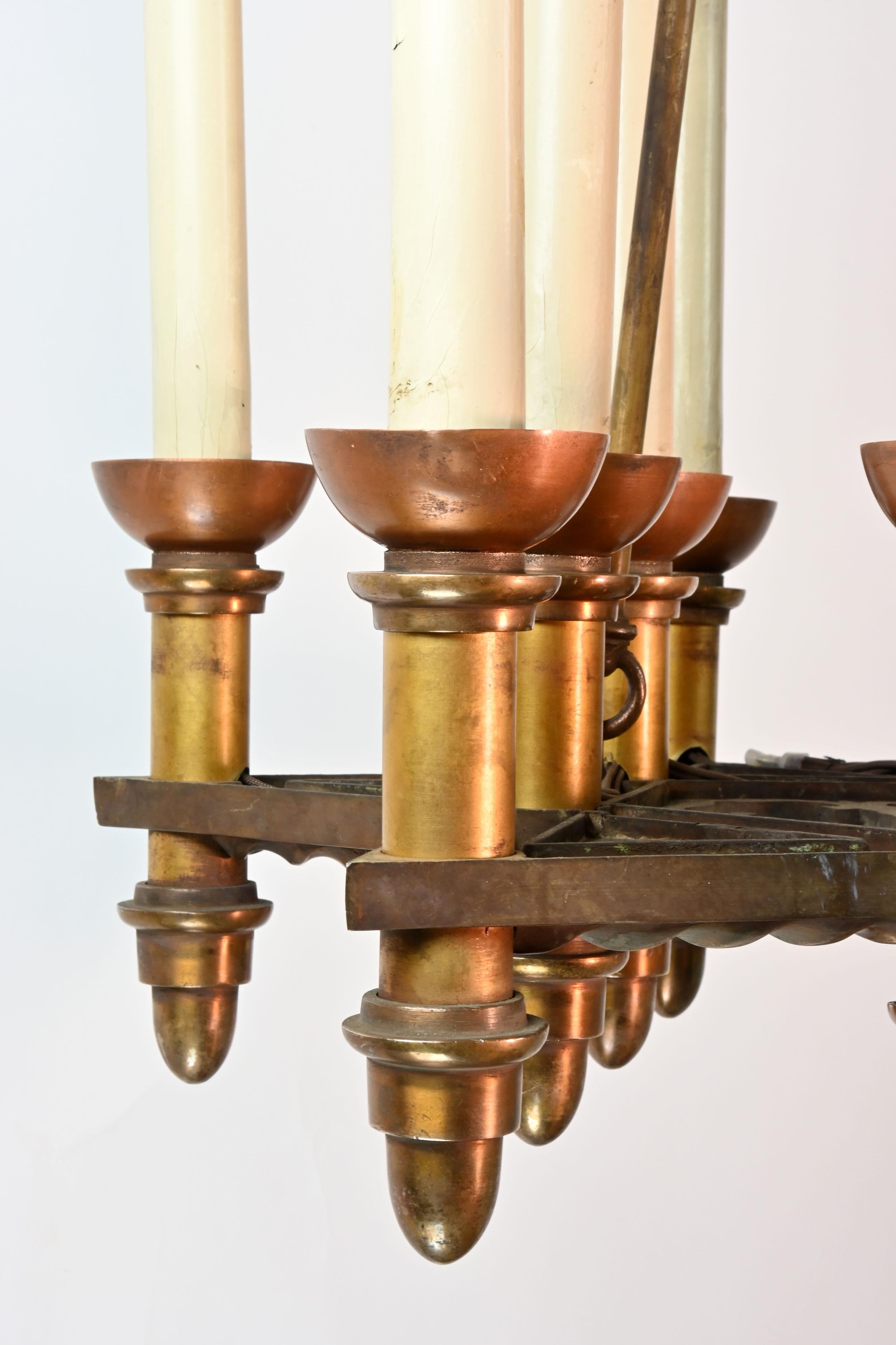 Early 20th Century Iron and Bronze 12 Candle Chandelier For Sale
