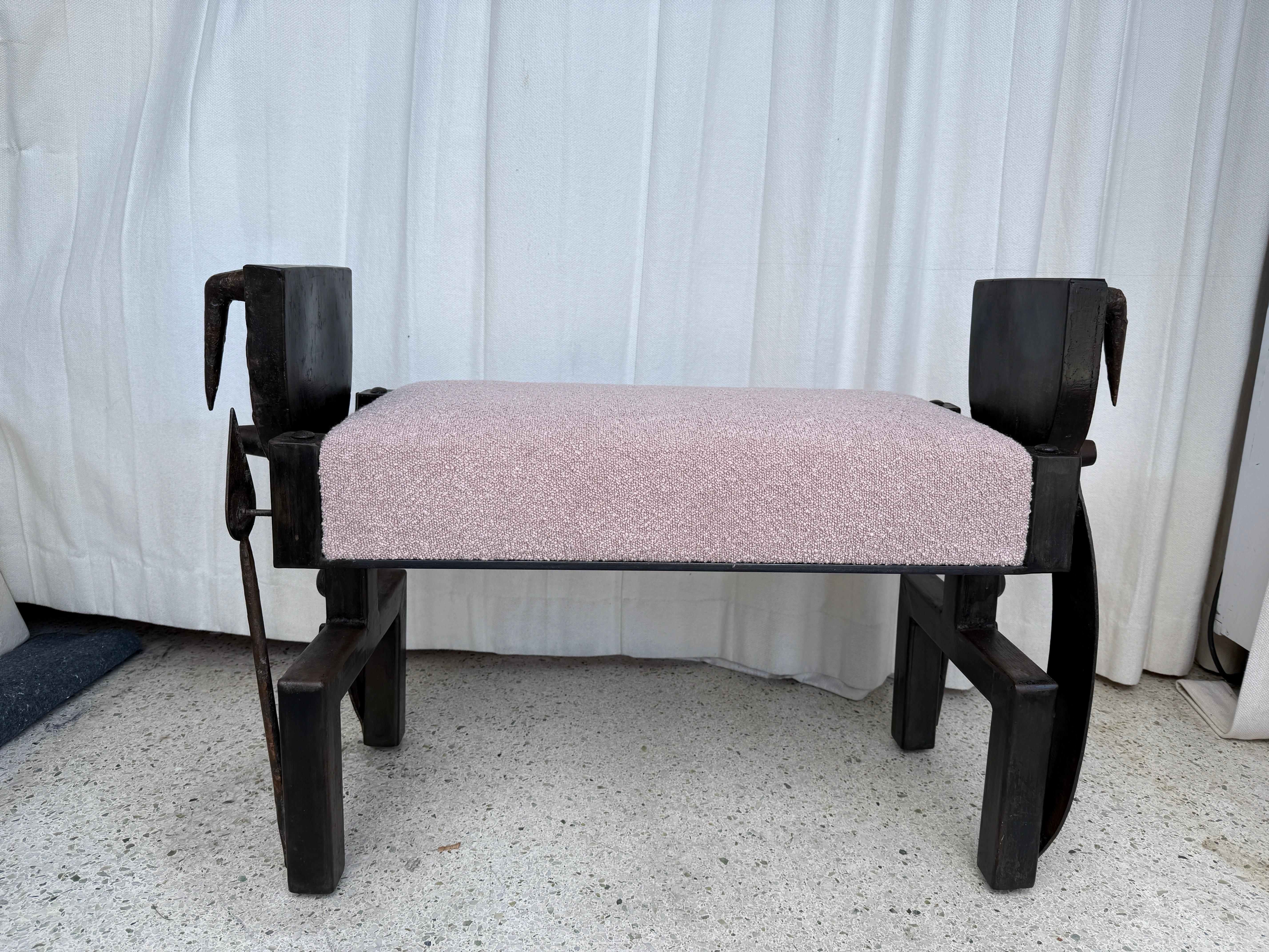 French Iron and Bronze Brutalist Tribal Style Bench For Sale