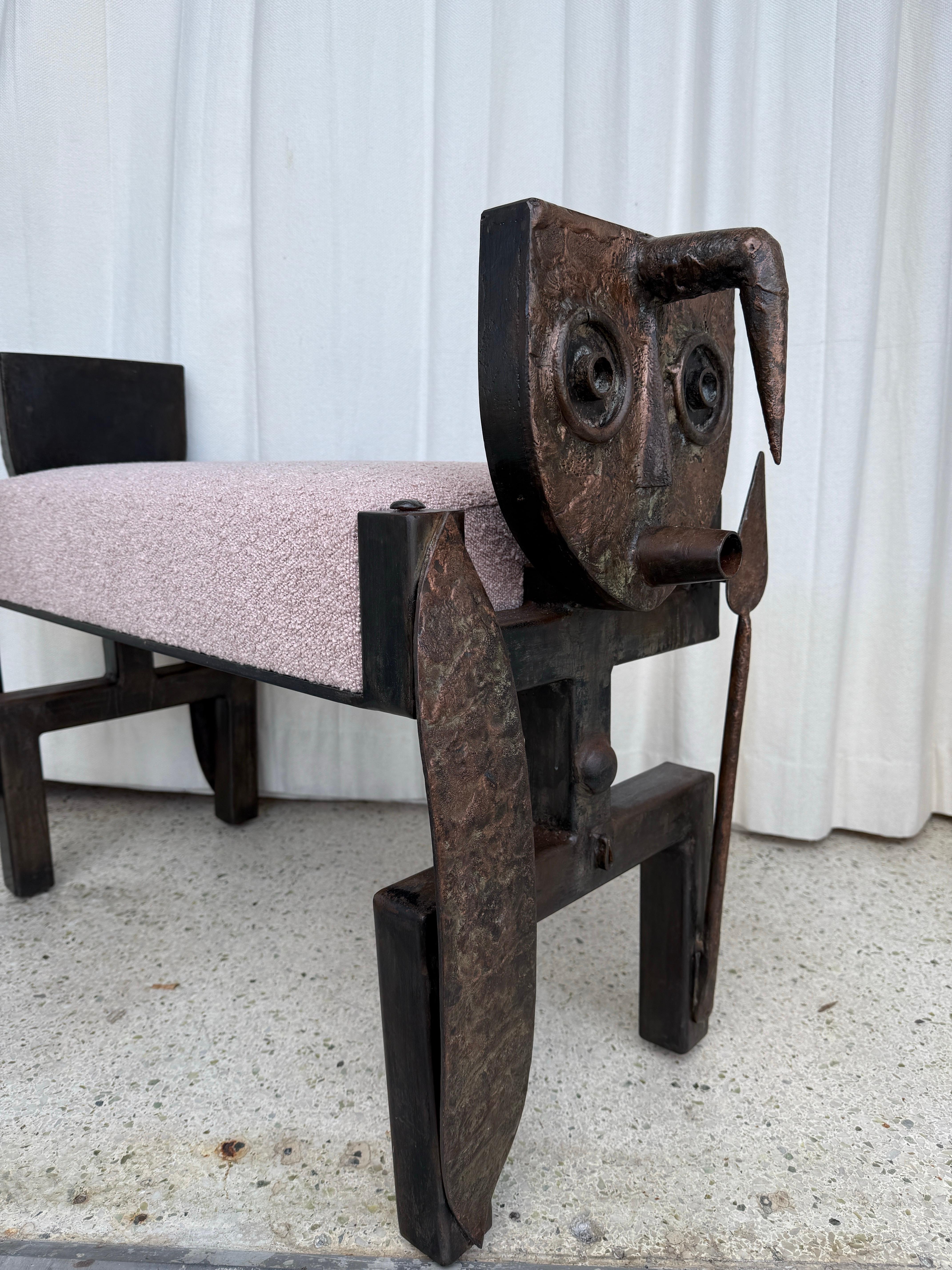 Late 20th Century Iron and Bronze Brutalist Tribal Style Bench For Sale