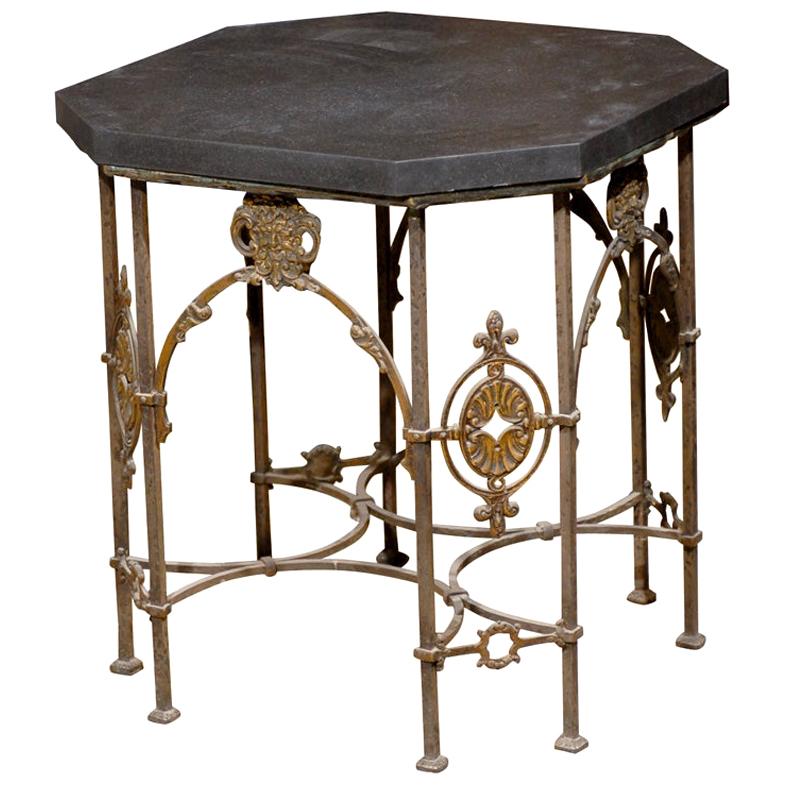 Iron and Bronze Table with Black Marble Top Attributed to Oscar Bach