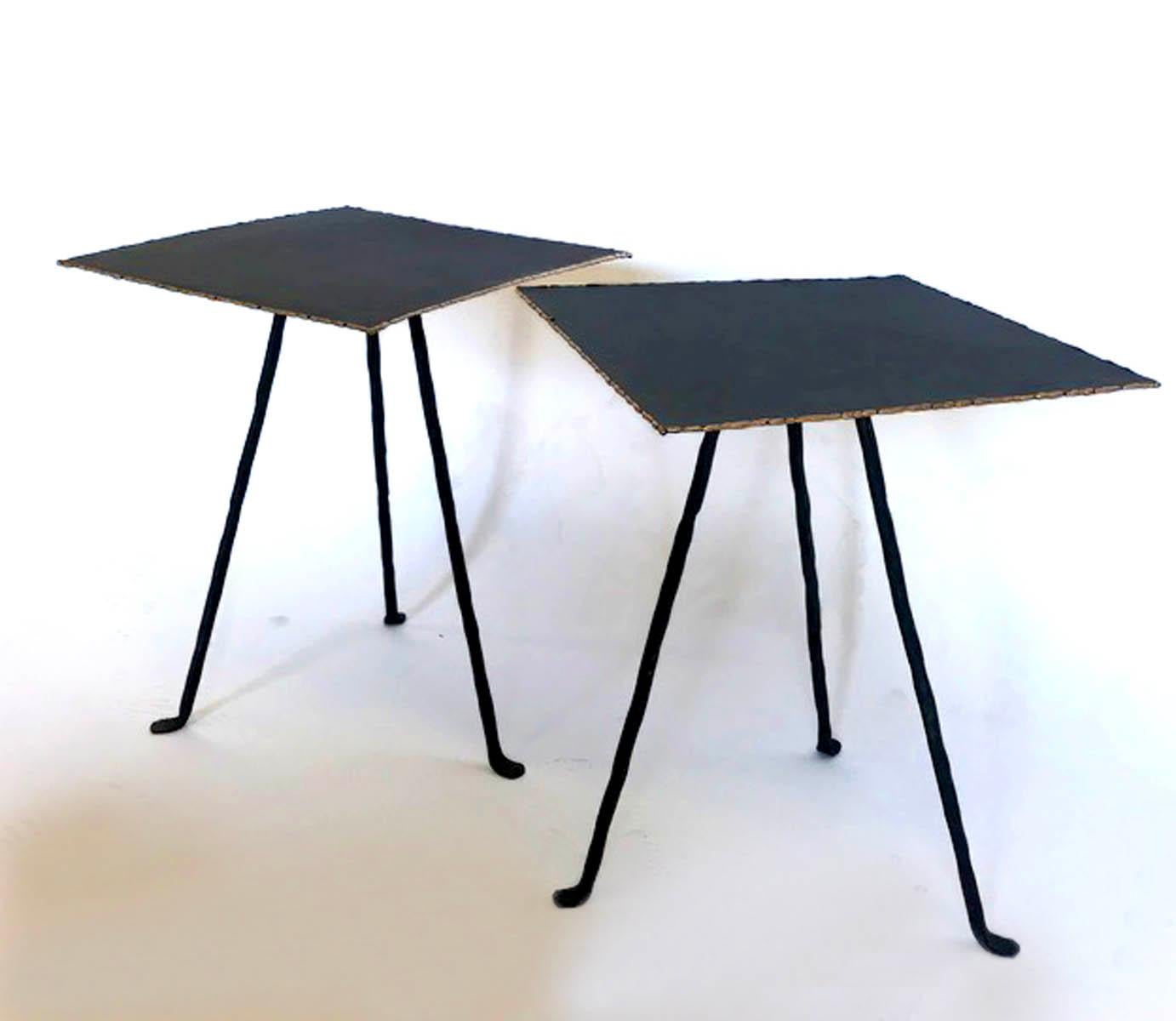 Square top tripod tables, priced and sold separately. Tops are made from iron with a patinated finish and edges are finished in bronze. Can also be made in custom sizes, with round, square or rectangular tops.
Made in Los Angeles by Dos Gallos