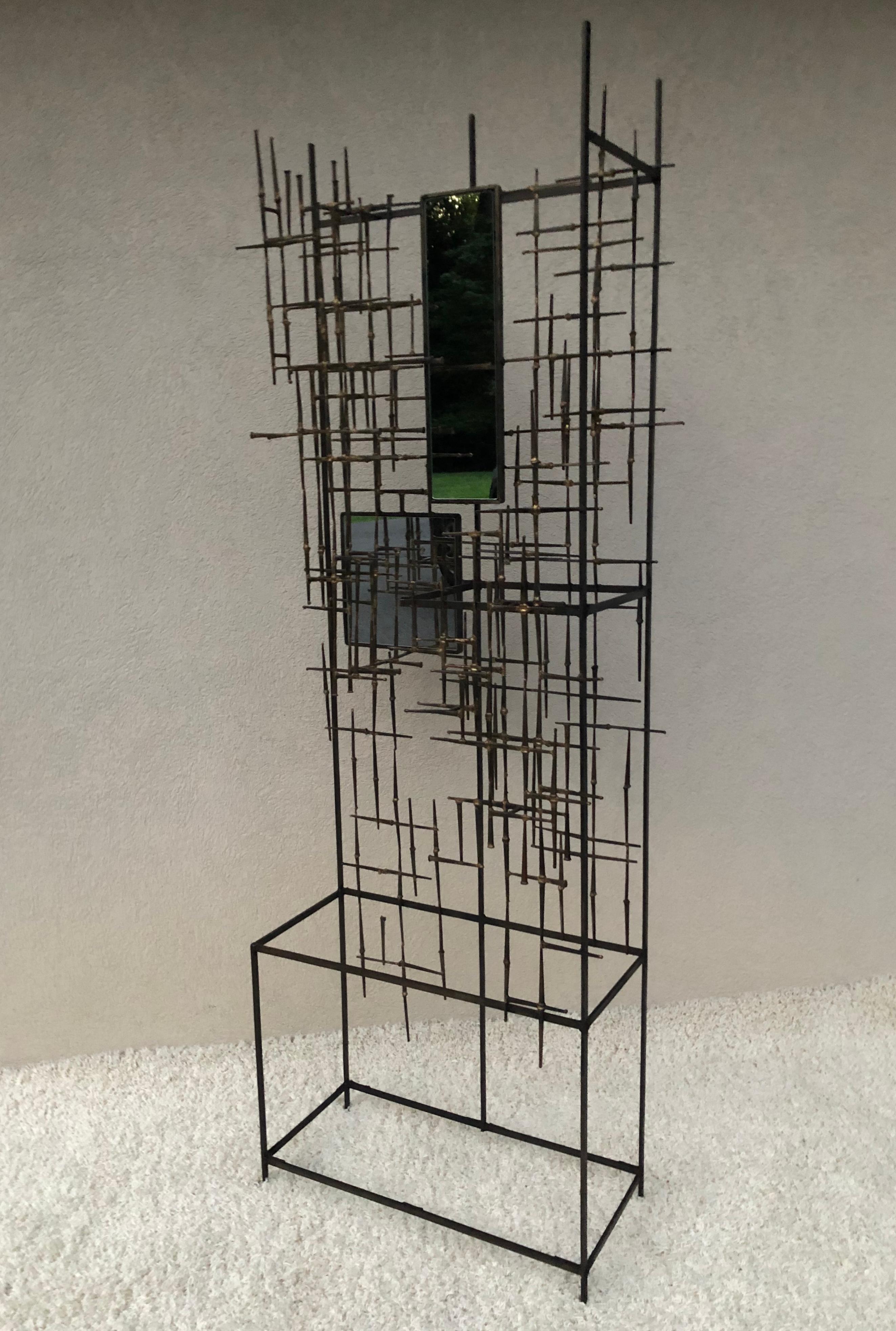 Iron and Bronze Welded Sculptural Modernist Entrance Glass Mirror Stand For Sale 7