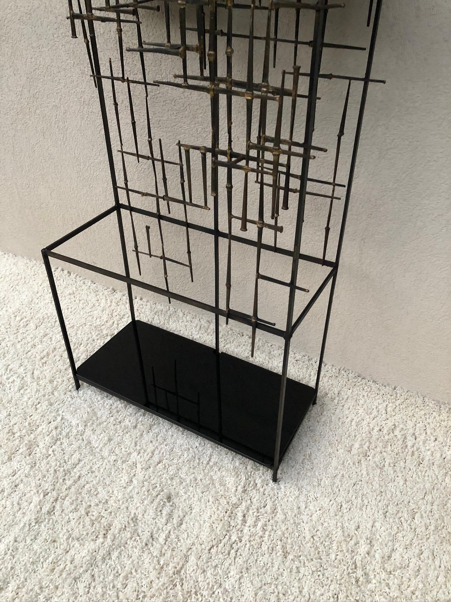 Mid-Century Modern Iron and Bronze Welded Sculptural Modernist Entrance Glass Mirror Stand For Sale