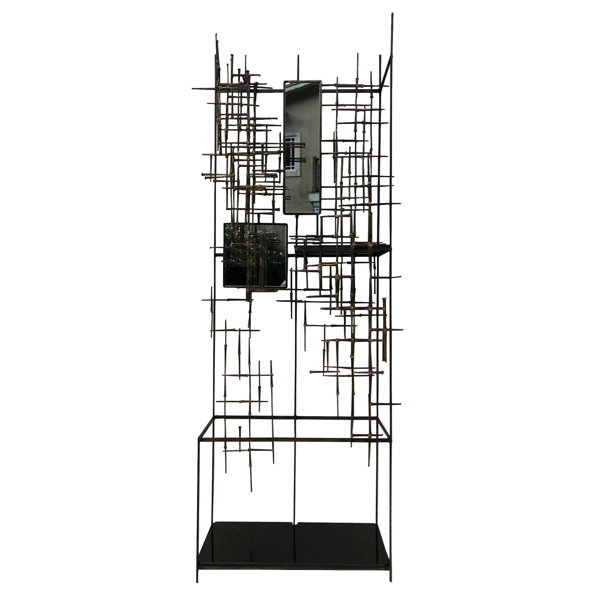 Iron and Bronze Welded Sculptural Modernist Entrance Glass Mirror Stand For Sale