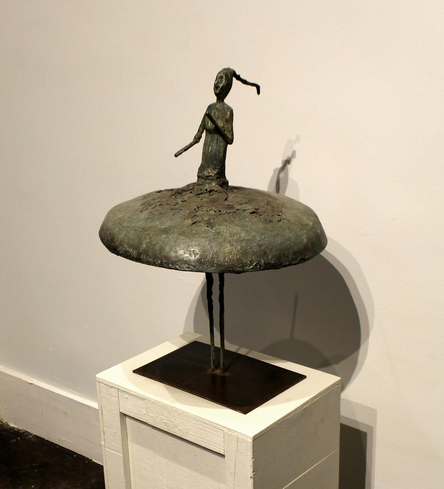 Multi-media sculpture of skirted dancer composed of clay and iron, by Christian Cadelli. Sculpture is 17.25