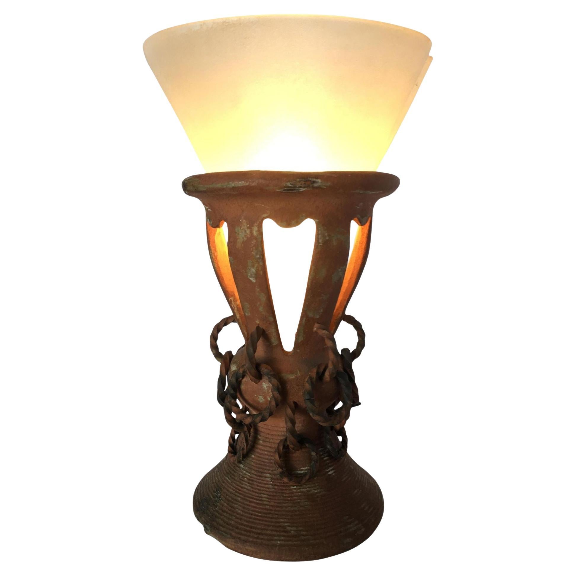 Iron and Clay Torchiere Table Lamp W/ Frosted Shade For Sale