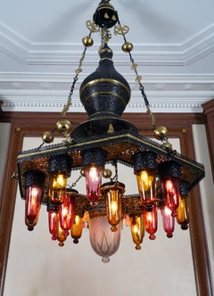 Iron and Colored Glass Oriental Chandelier, Circa 1900
