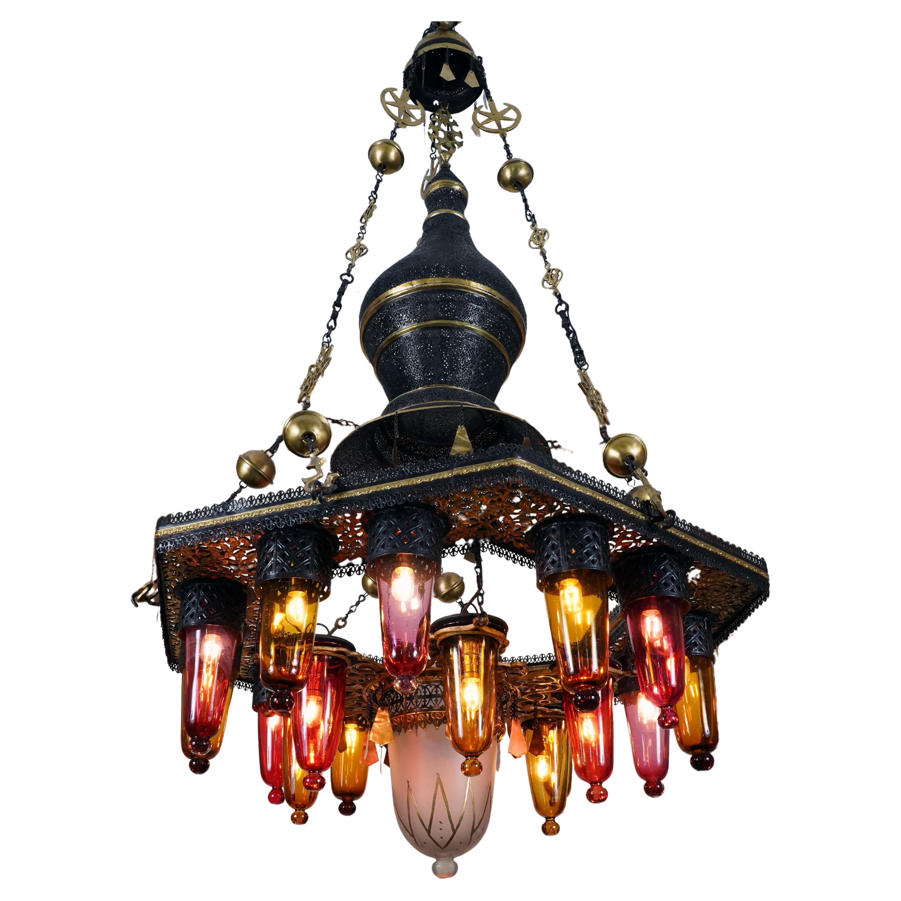 Iron and Colored Glass Oriental Chandelier, Circa 1900
