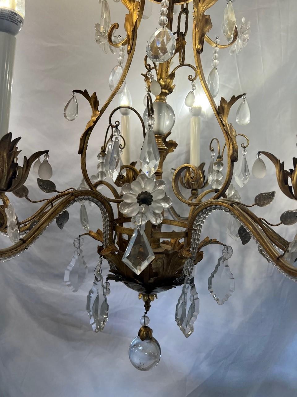 Iron and Crystal Chandelier, Antique Brass Finish, Crystal Flowers, Six Lite For Sale 4