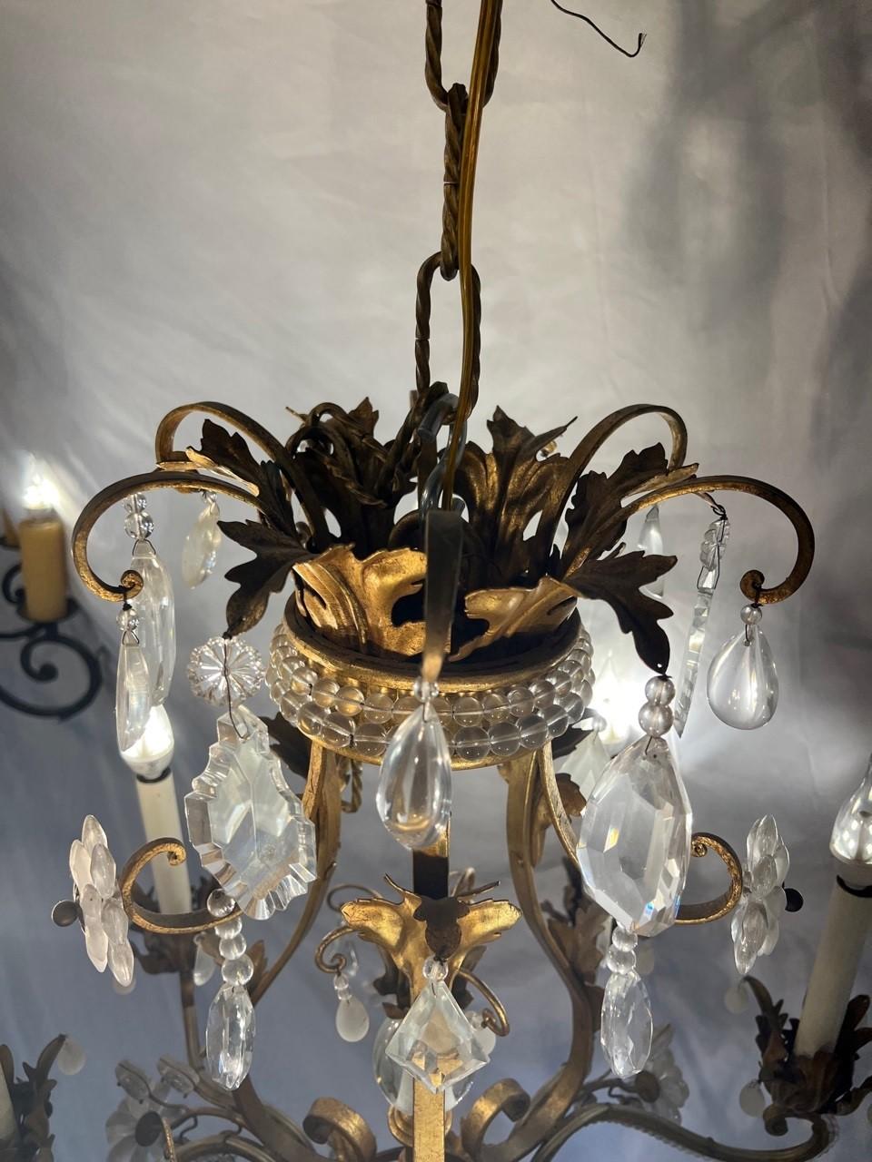 Iron and Crystal Chandelier, Antique Brass Finish, Crystal Flowers, Six Lite For Sale 5