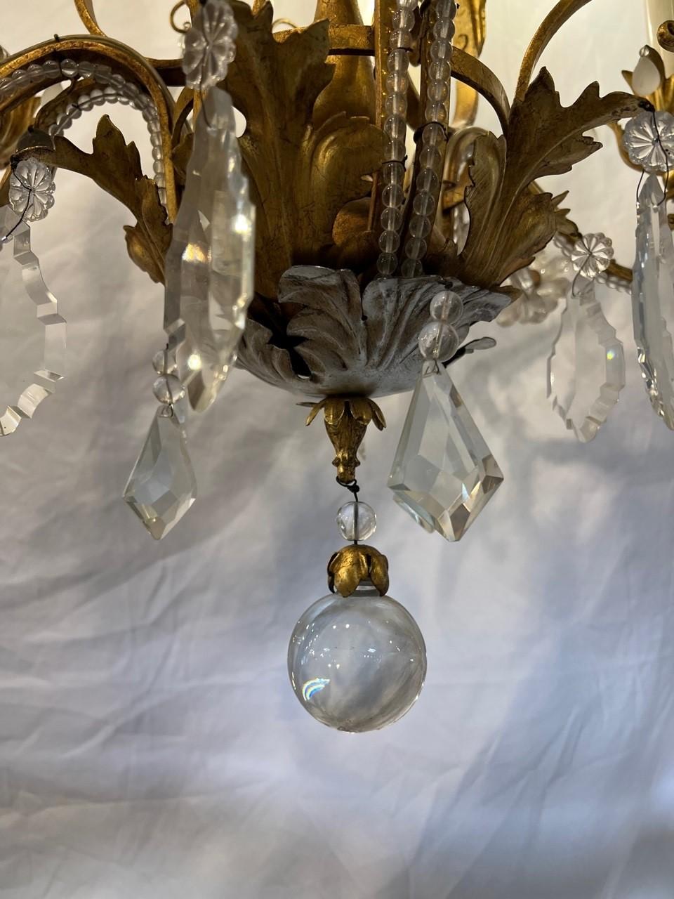 Iron and Crystal Chandelier, Antique Brass Finish, Crystal Flowers, Six Lite For Sale 4