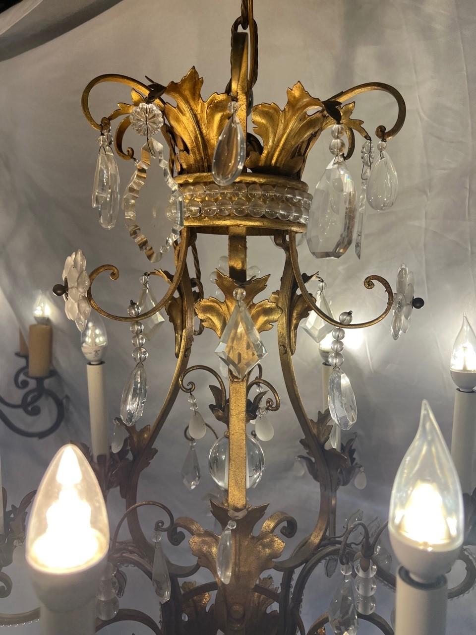 Italian Iron and Crystal Chandelier, Antique Brass Finish, Crystal Flowers, Six Lite For Sale