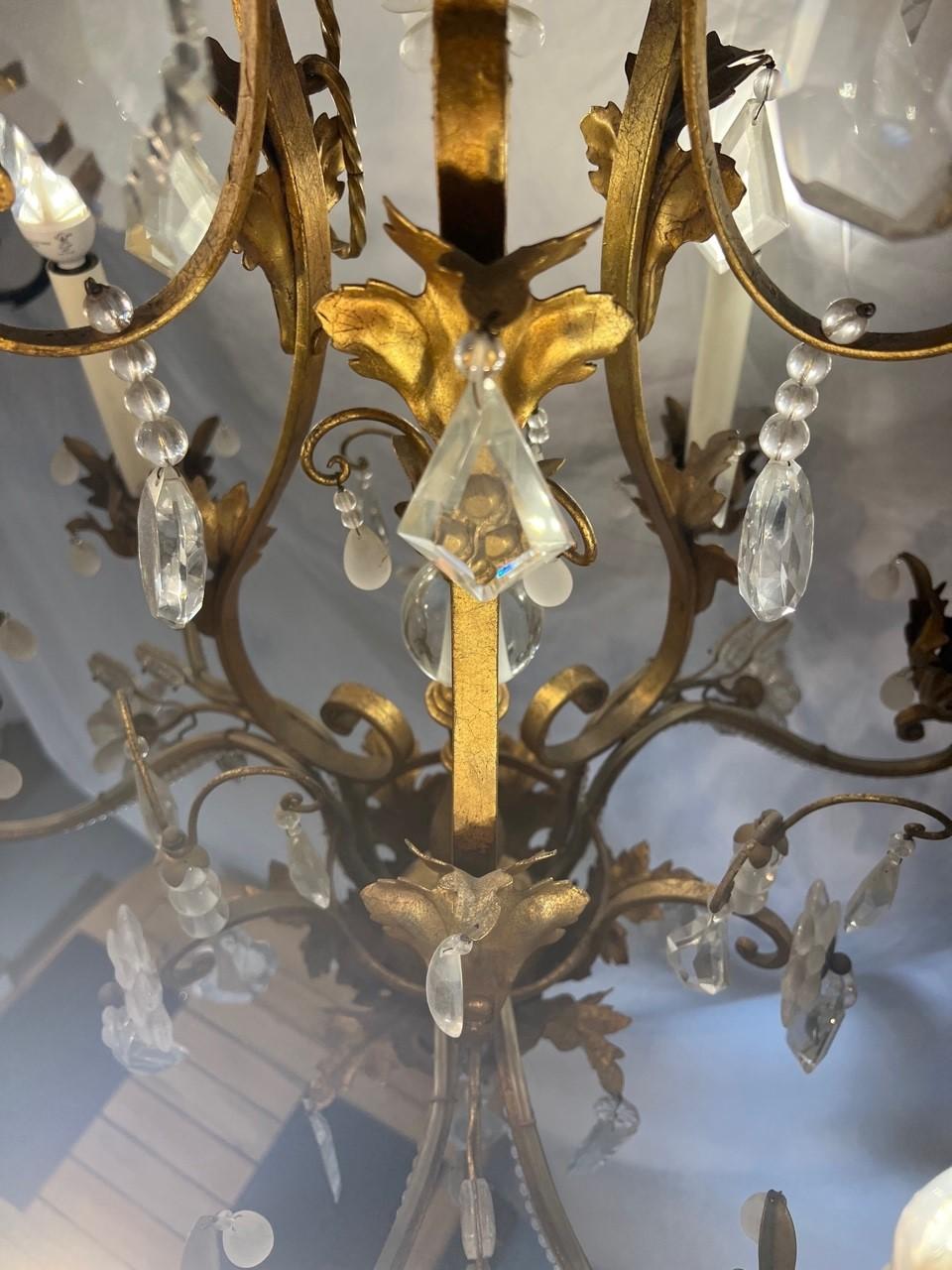 Iron and Crystal Chandelier, Antique Brass Finish, Crystal Flowers, Six Lite In Excellent Condition For Sale In Stamford, CT