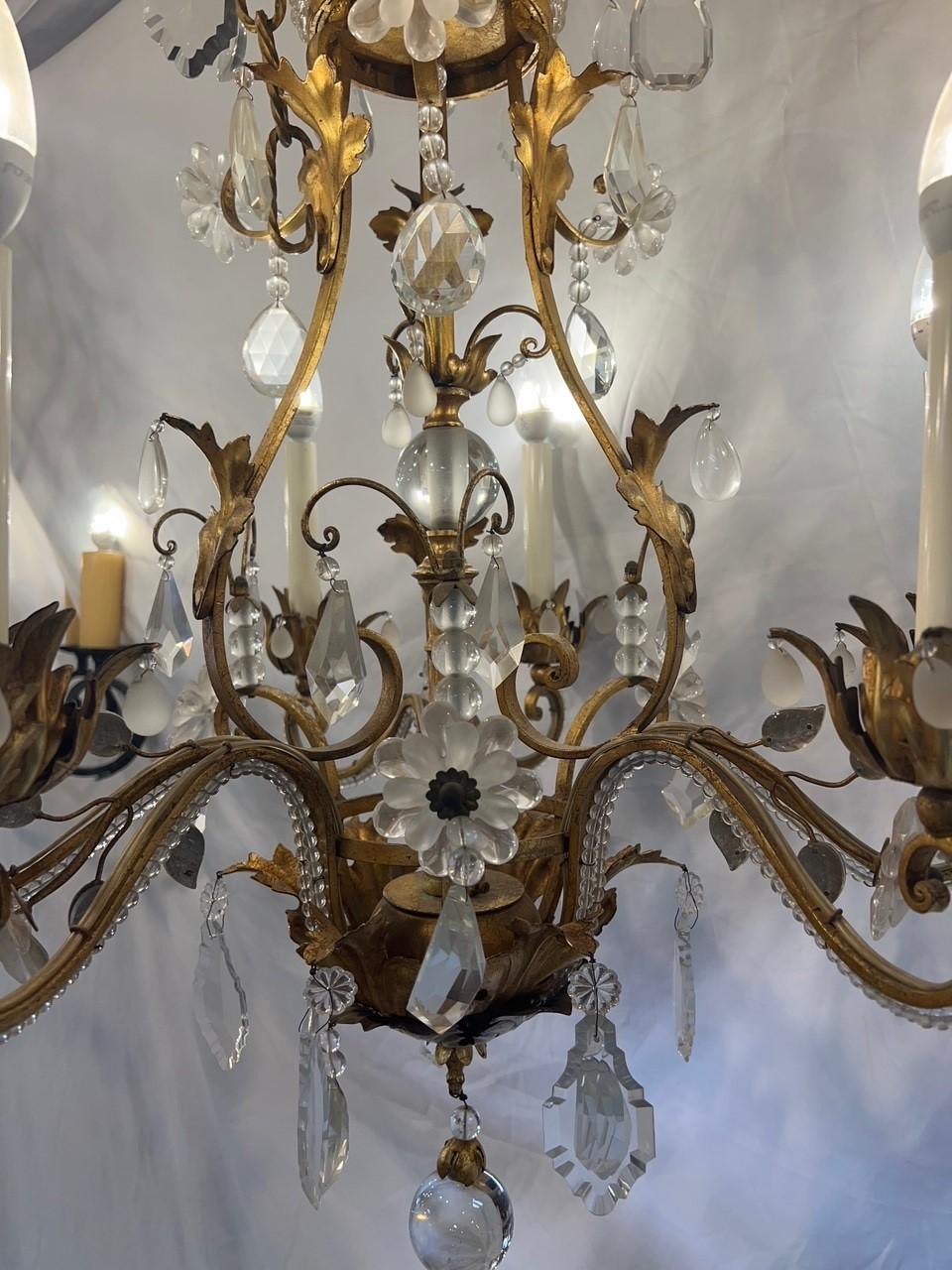 Italian Iron and Crystal Chandelier, Antique Brass Finish, Crystal Flowers, Six Lite For Sale
