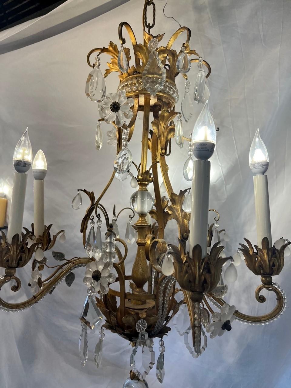 Iron and Crystal Chandelier, Antique Brass Finish, Crystal Flowers, Six Lite For Sale 1