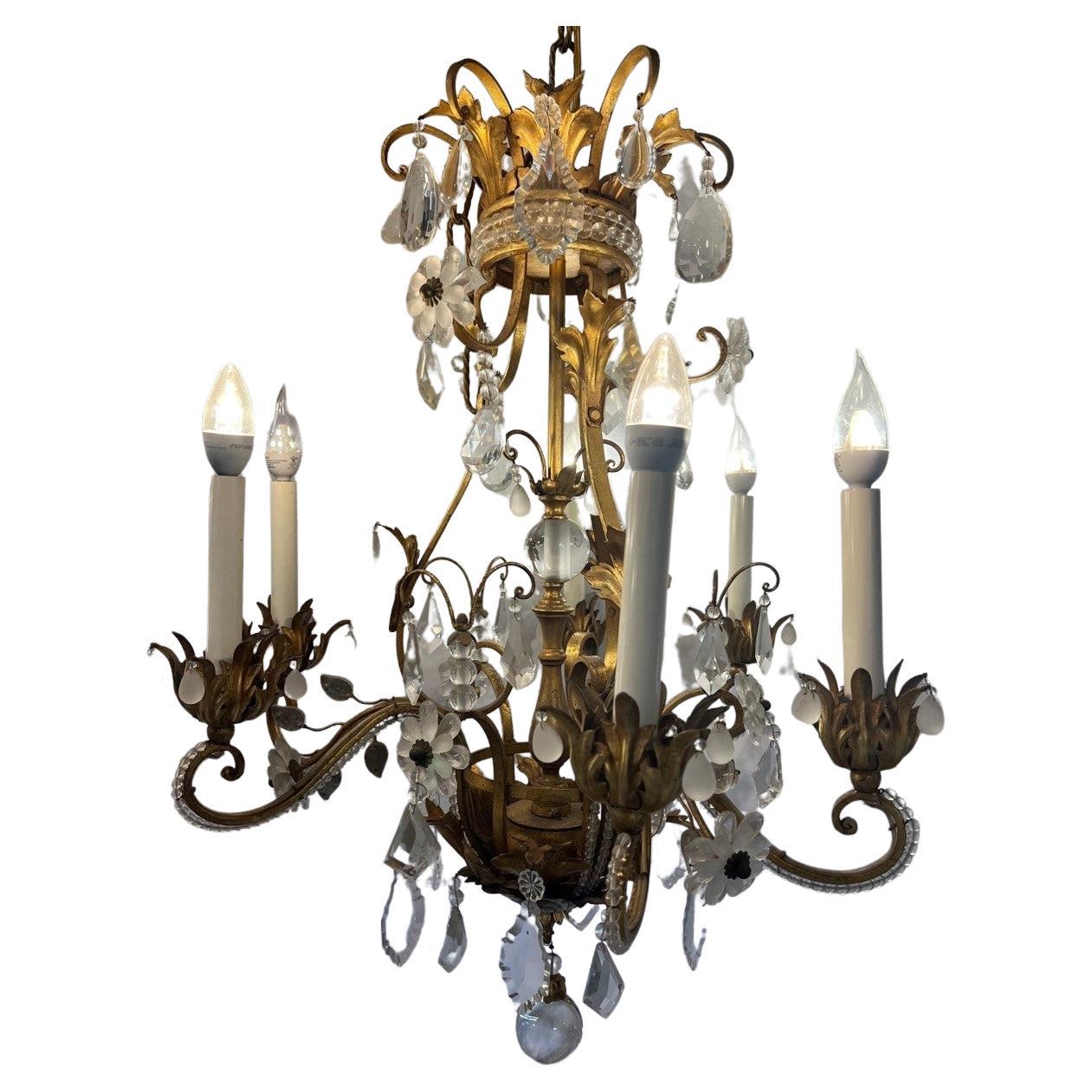 Iron and Crystal Chandelier, Antique Brass Finish, Crystal Flowers, Six Lite For Sale