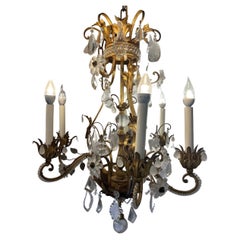 Iron and Crystal Chandelier, Antique Brass Finish, Crystal Flowers, Six Lite