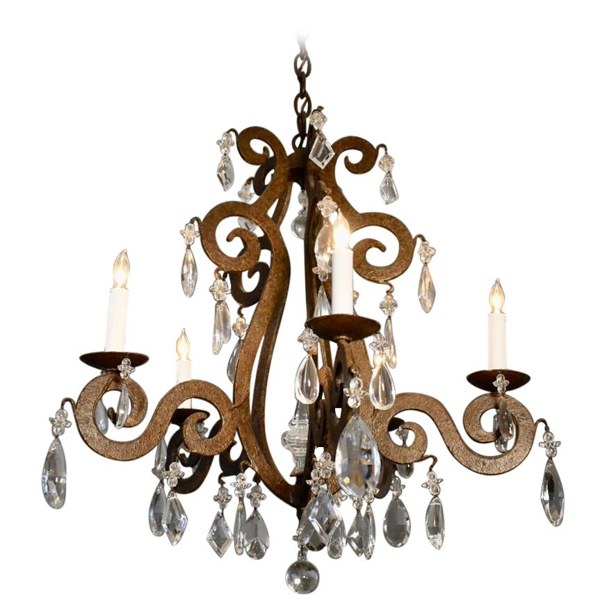 Iron and Crystal Chandelier For Sale