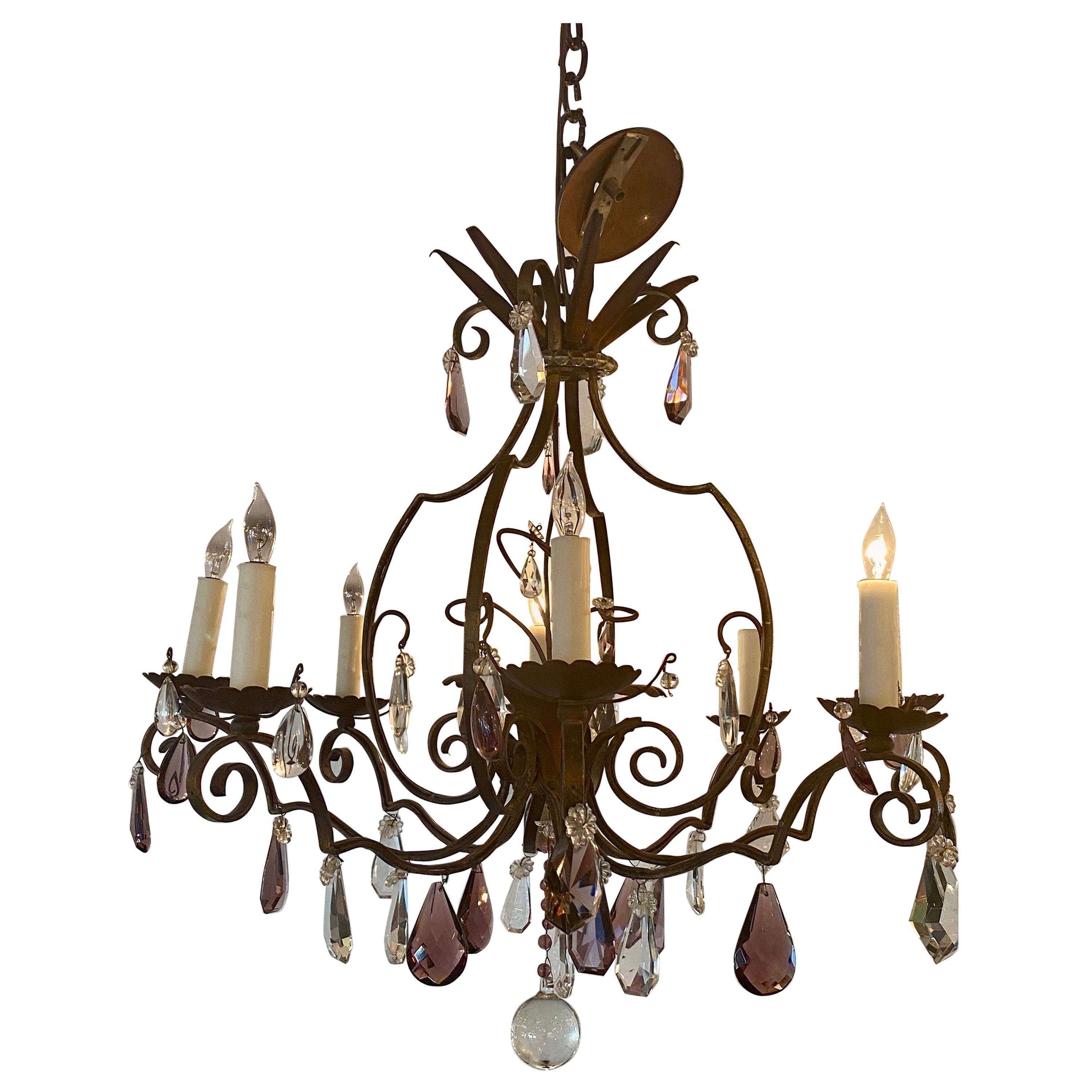 Iron and Crystal Chandelier For Sale