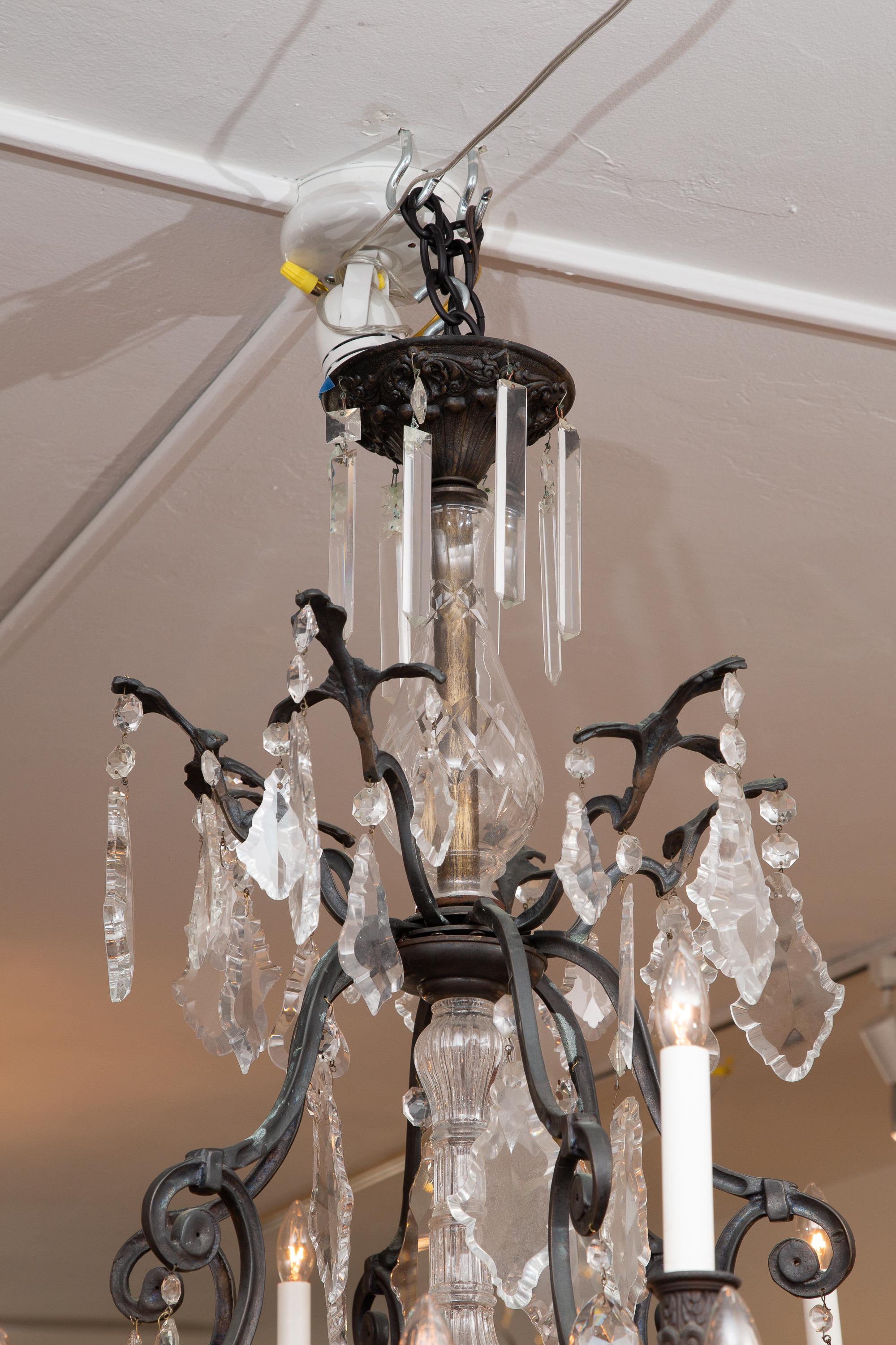 French Large Iron and Crystal Hanging Chandelier For Sale