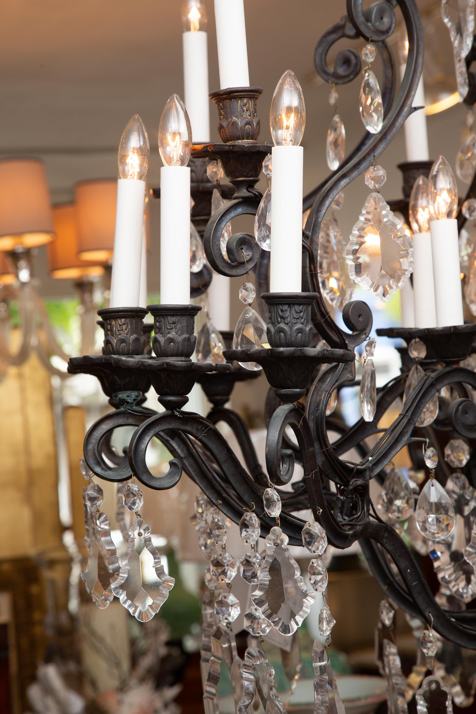 Hand-Crafted Large Iron and Crystal Hanging Chandelier For Sale