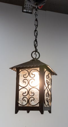 Iron and Glass Ceiling Lamp Lustre French Lantern, circa 1960