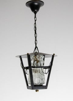 Iron and Glass Ceiling Lamp Lustre French Lantern, circa 1960