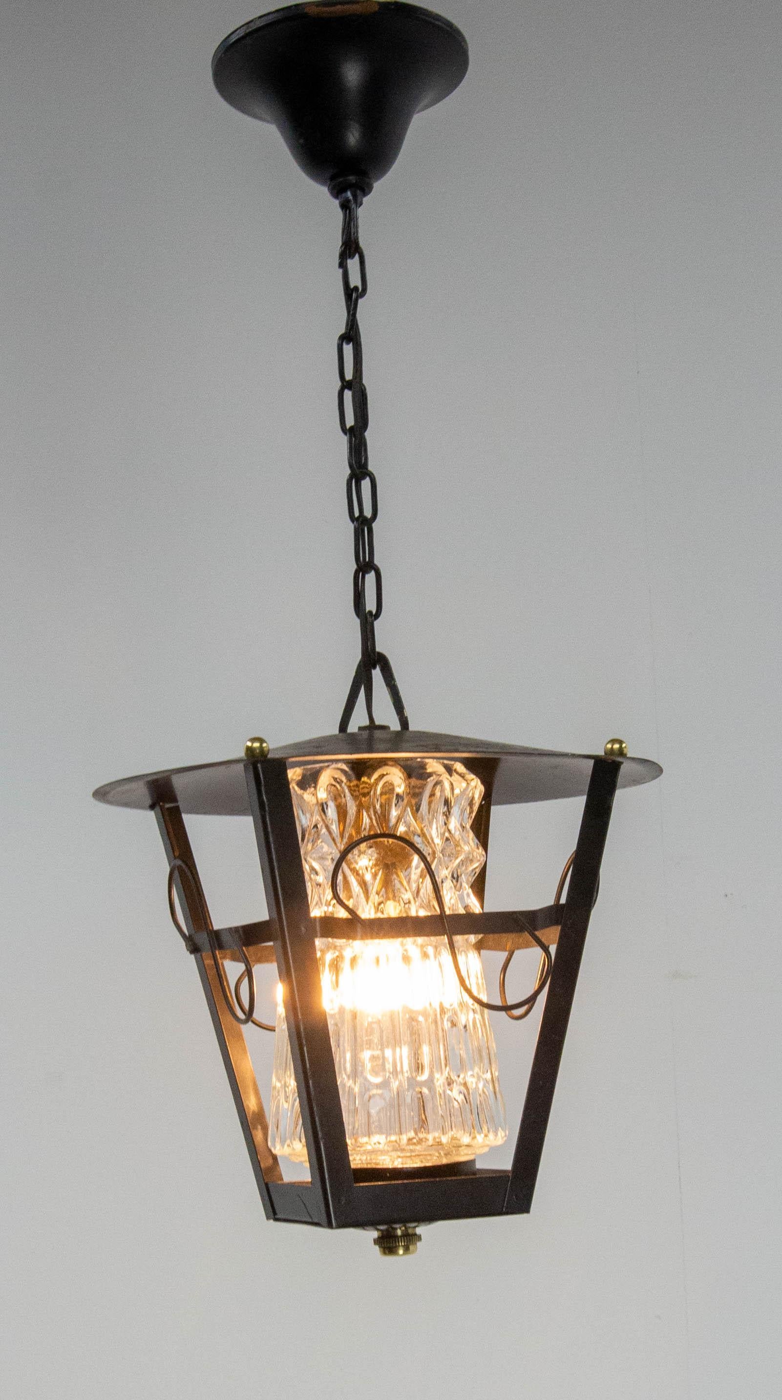 Mid-Century Modern Iron and Glass Ceiling Lamp Lustre French Lantern, circa 1960 For Sale